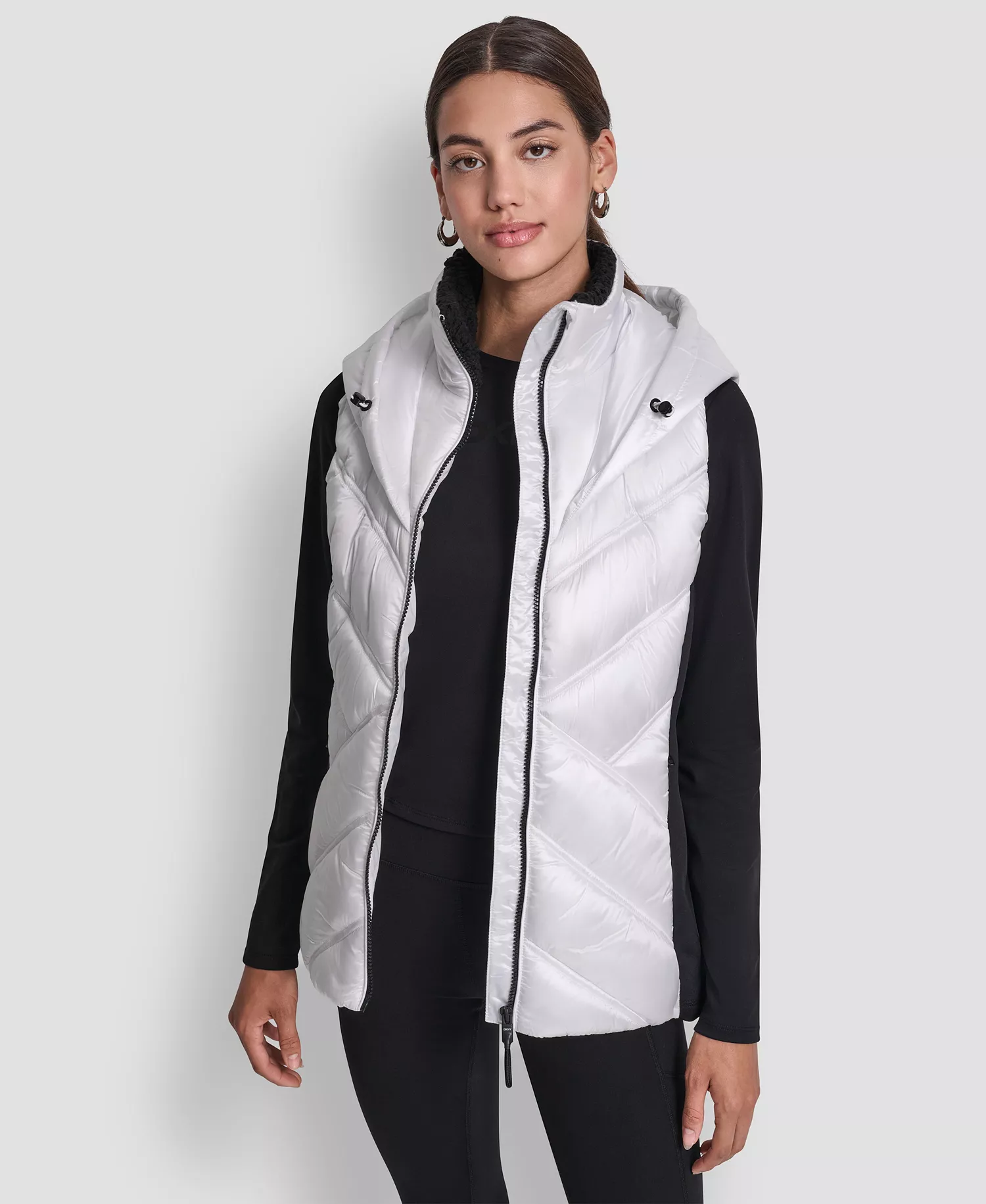 Women's Contrast Collar Hooded Puffer Vest - Liquid White - L