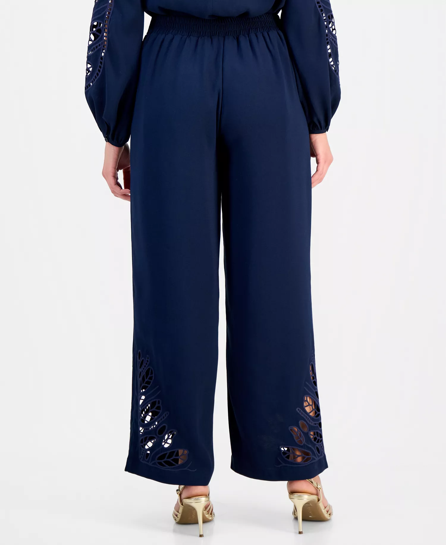 Women's Embroidered-Hem Wide-Leg Pants - Navy - L