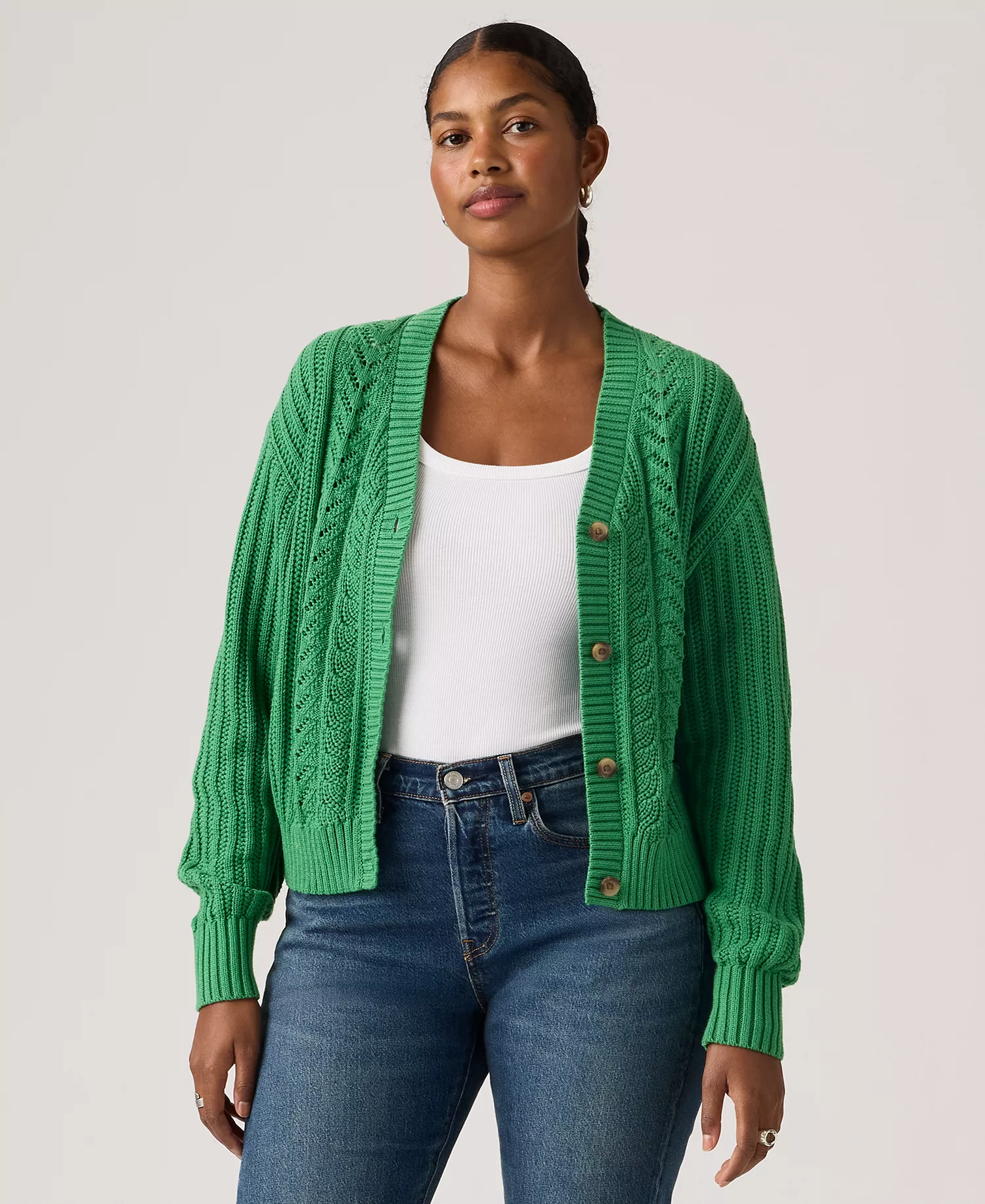 Women's Snowflake Long Sleeve Cardigan Sweater - Pine Green - L