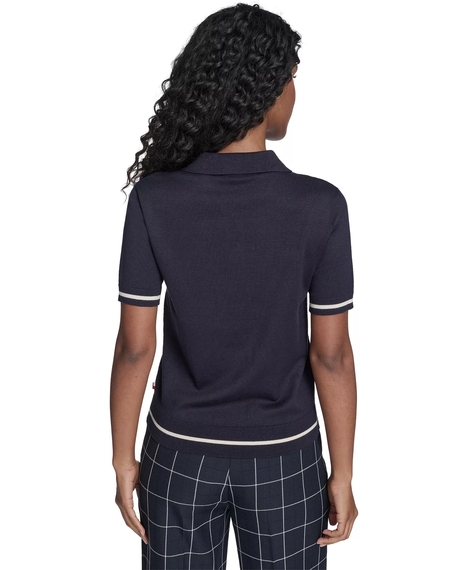 Women's Short Sleeve Pointelle Polo Sweater - Midnight/ Whitecap - L