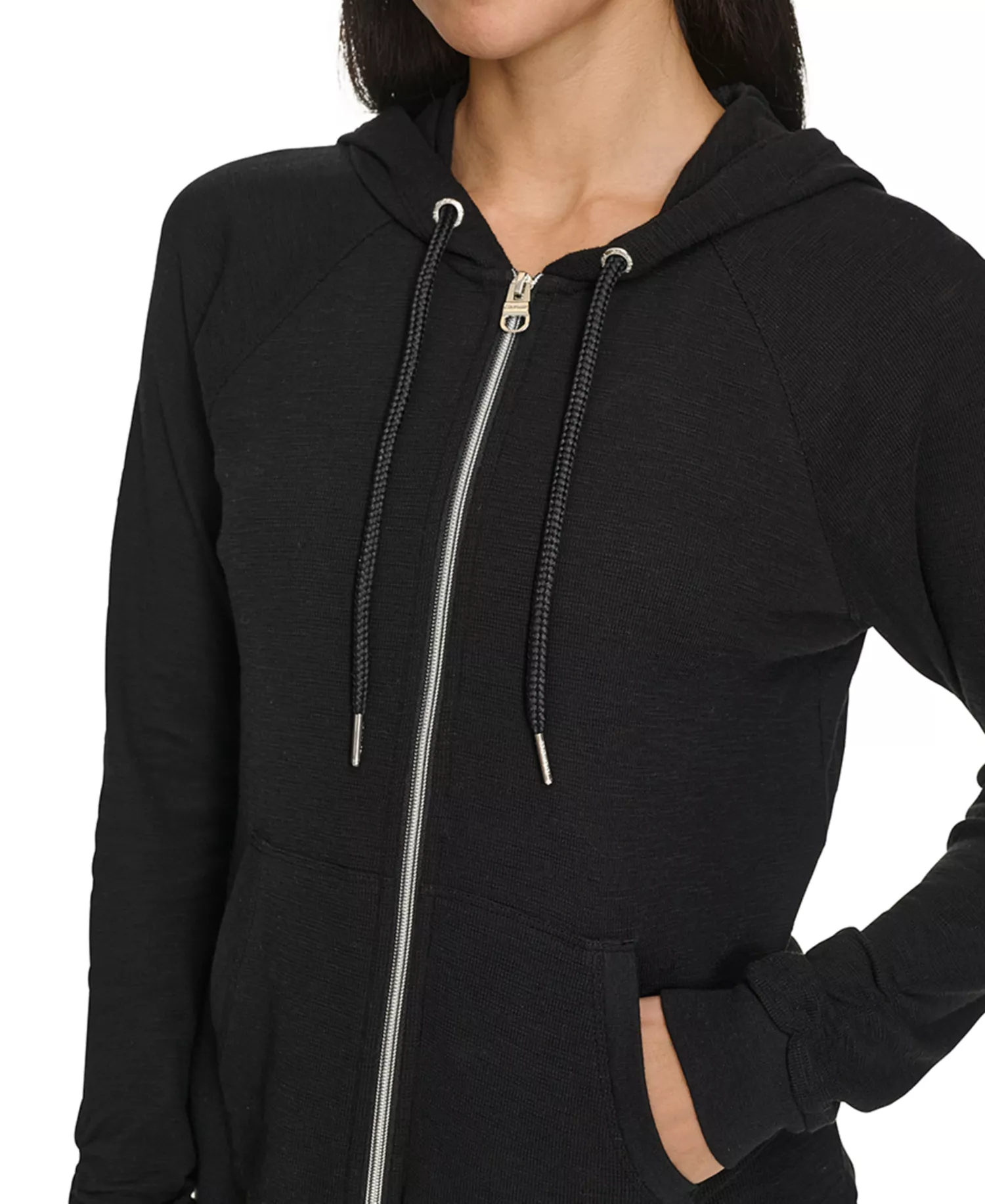 Ruched-Sleeve Zip Hoodie - Black - XS