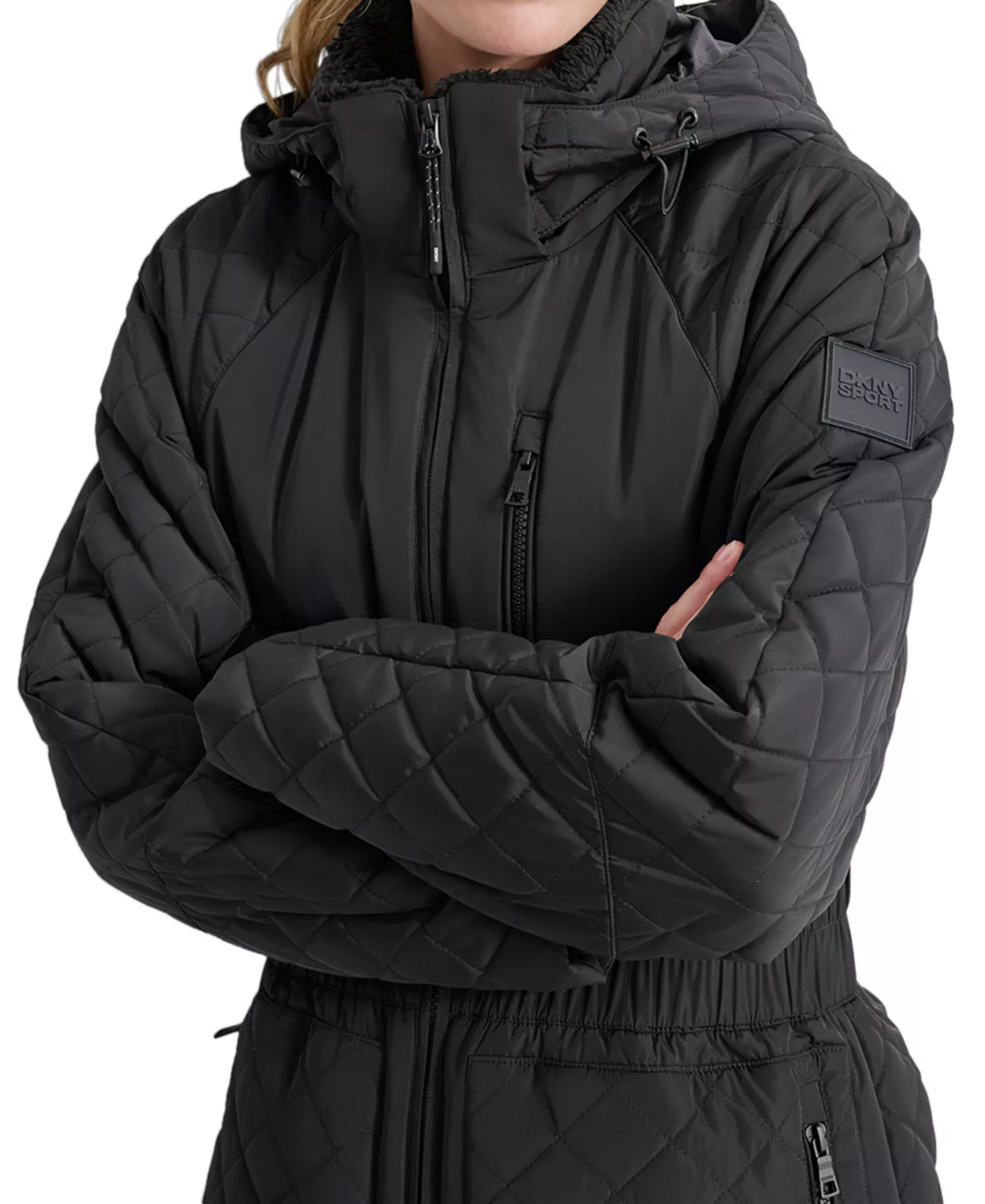 Women's Quilted Elastic-Waist Hooded Zipper Jacket - Black - L