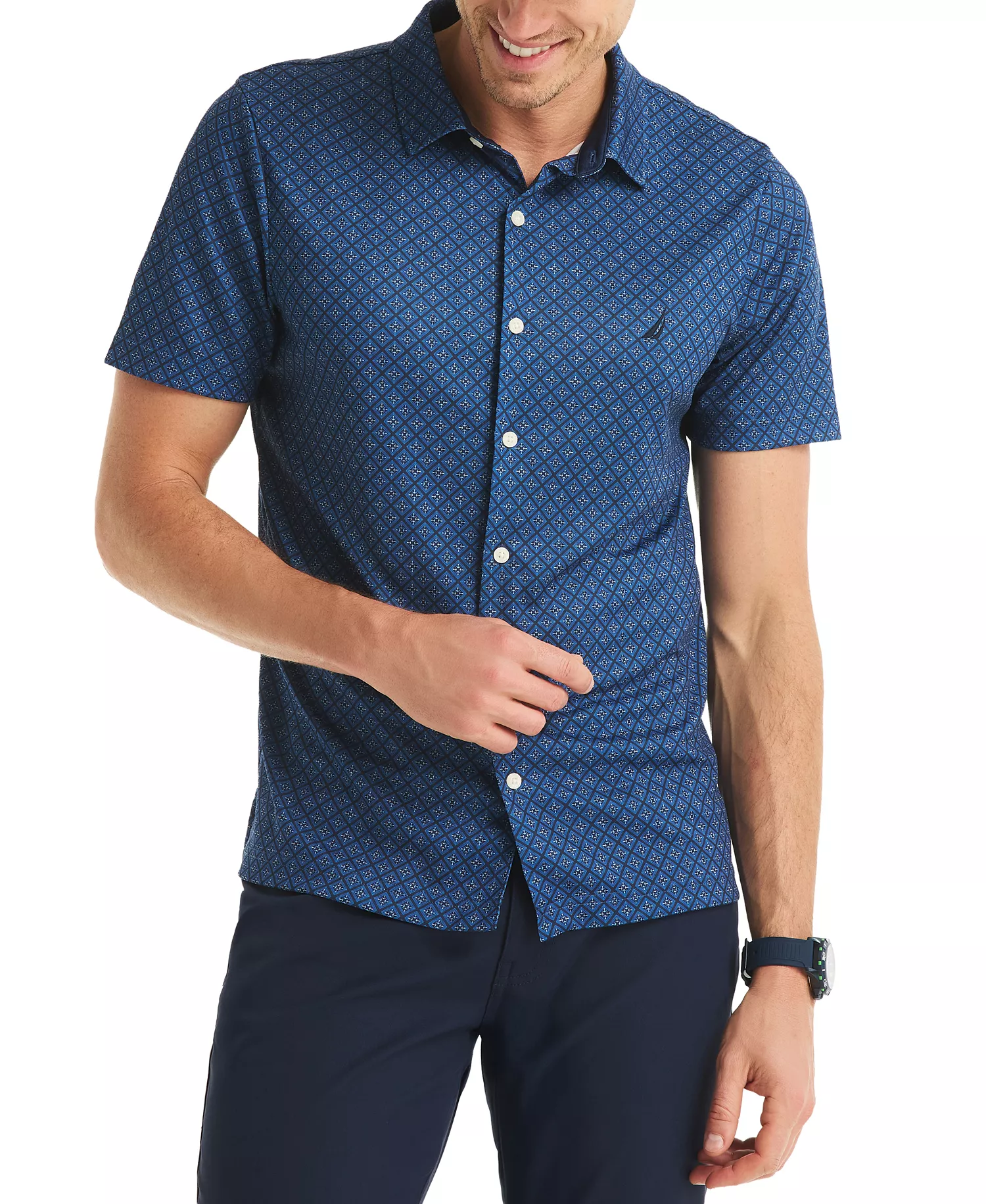 Men's Printed Classic-Fit Performance Button-Down Shirt - Navy Seas - 2XL