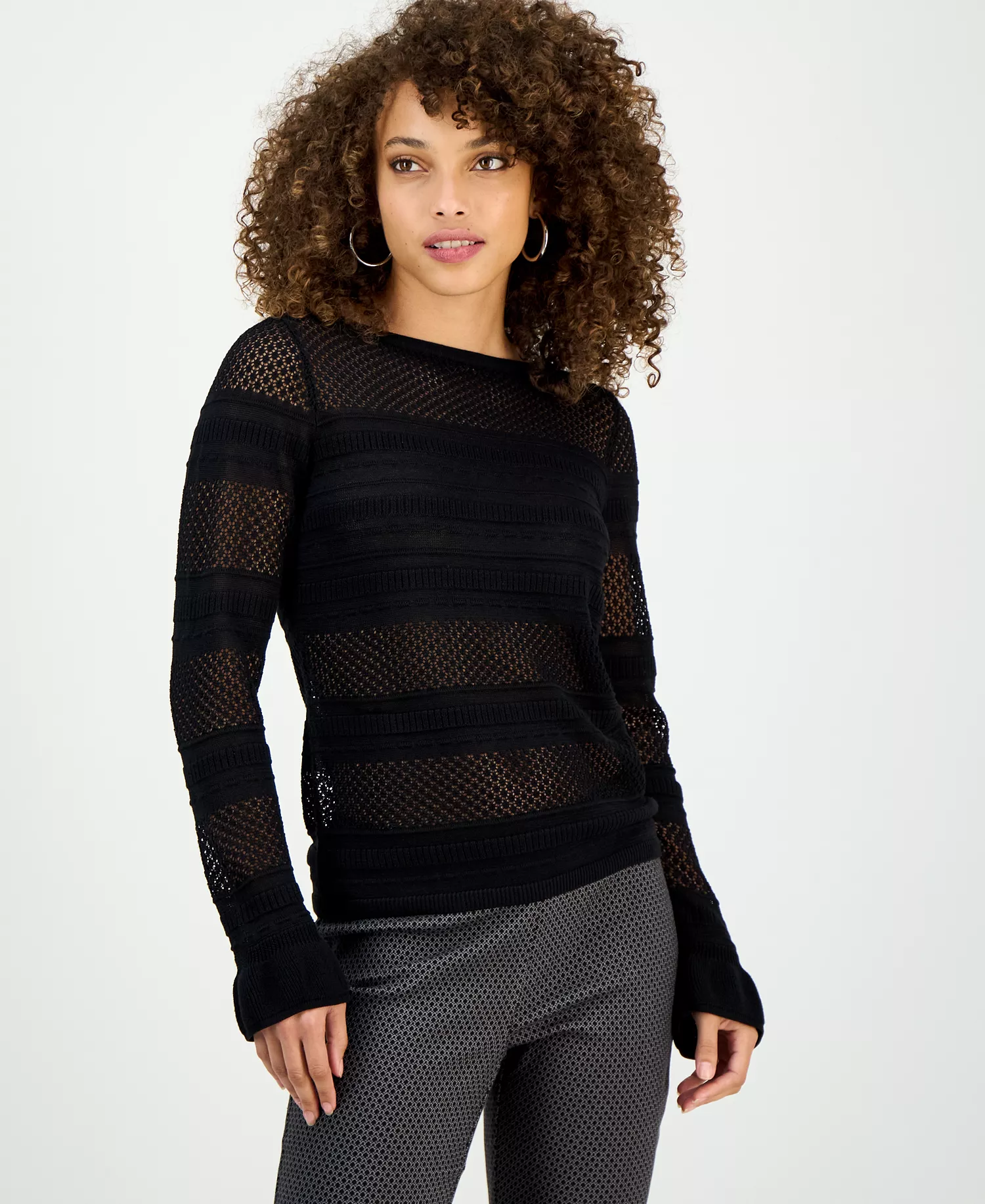 Petite Ruffle Pointelle Sweater, Macy's Exclusive  - Deep Black - P/L