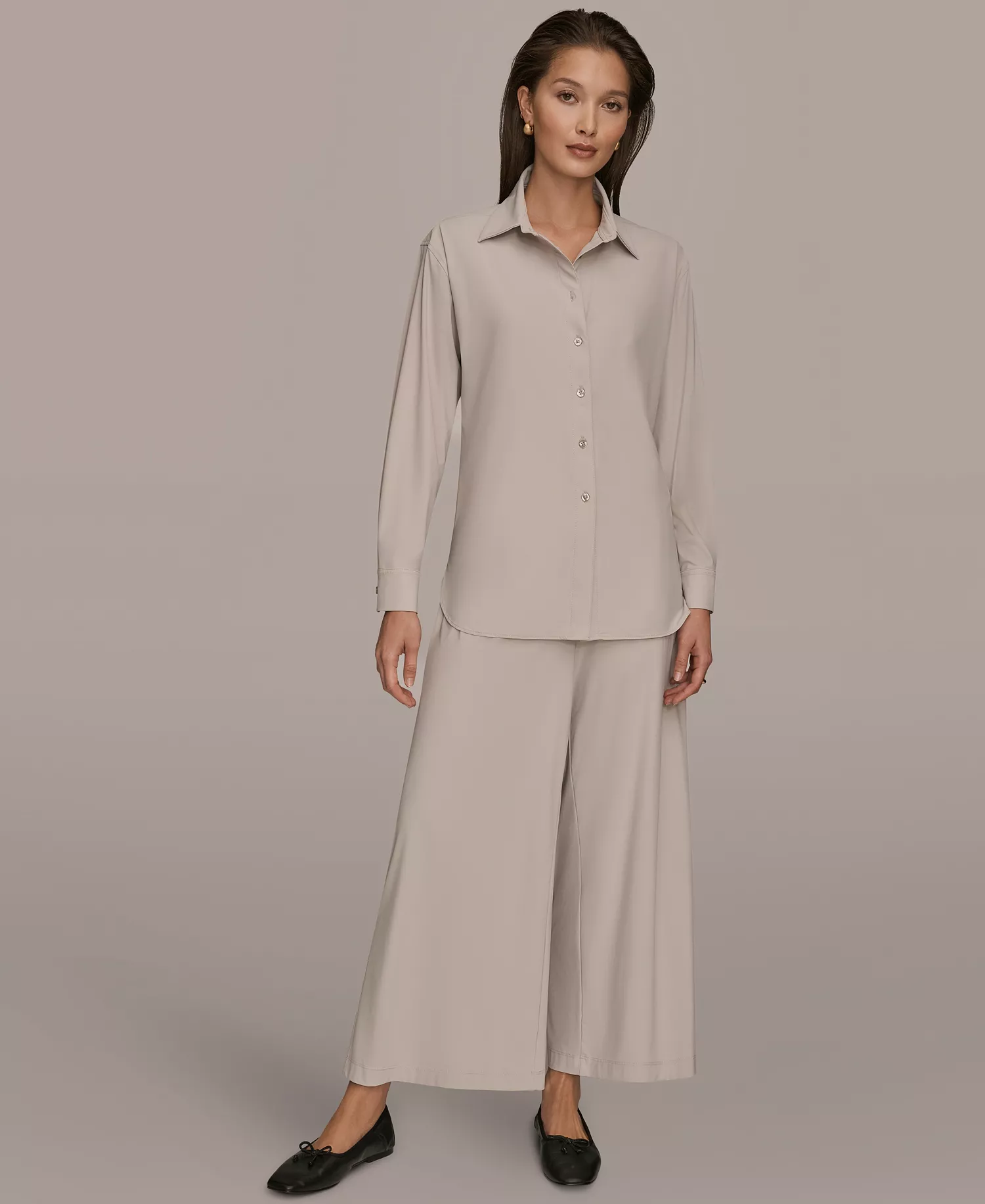 Women's Tricot Knit Long Sleeve Button-Down Shirt - Black - L