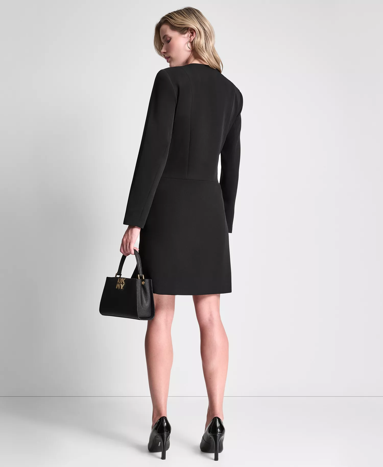 Women's Long-Sleeve Zipper Front A-Line Dress - Black - 0P