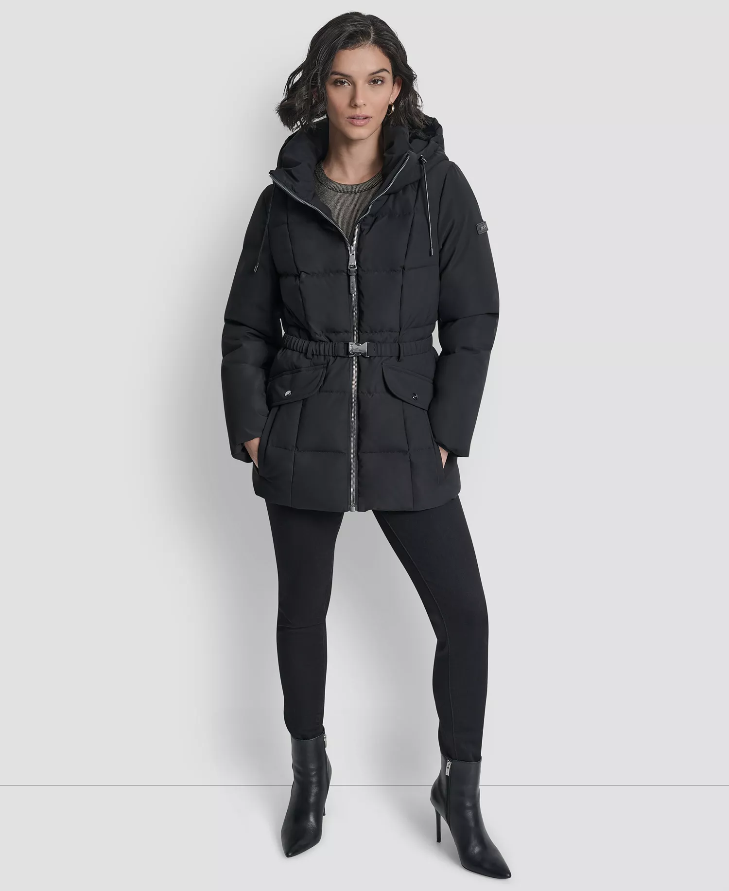 Women's Belted Hooded Puffer Coat - Black - L