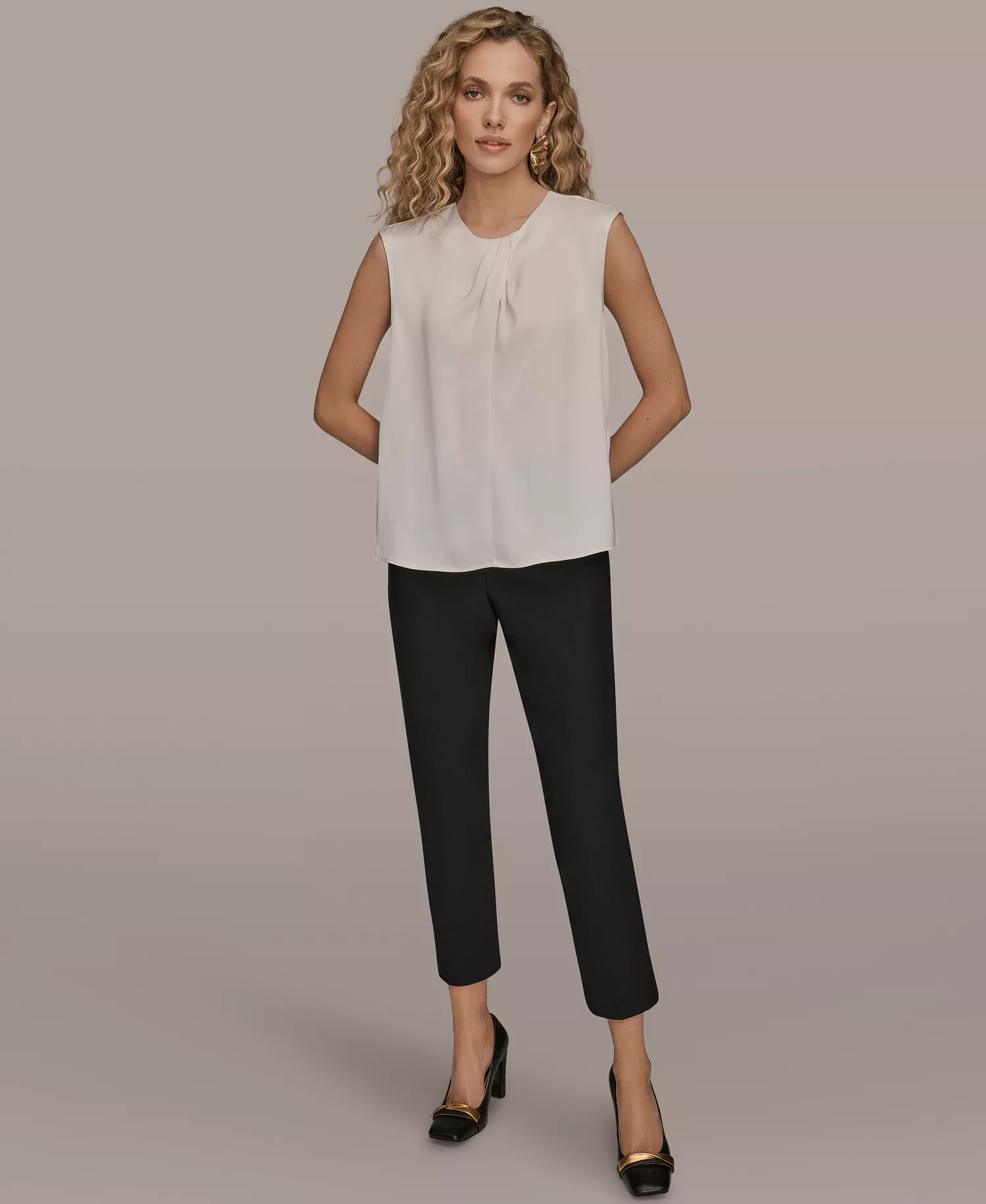 Women's Solid Sleeveless Twist Neck Top - Cream - L