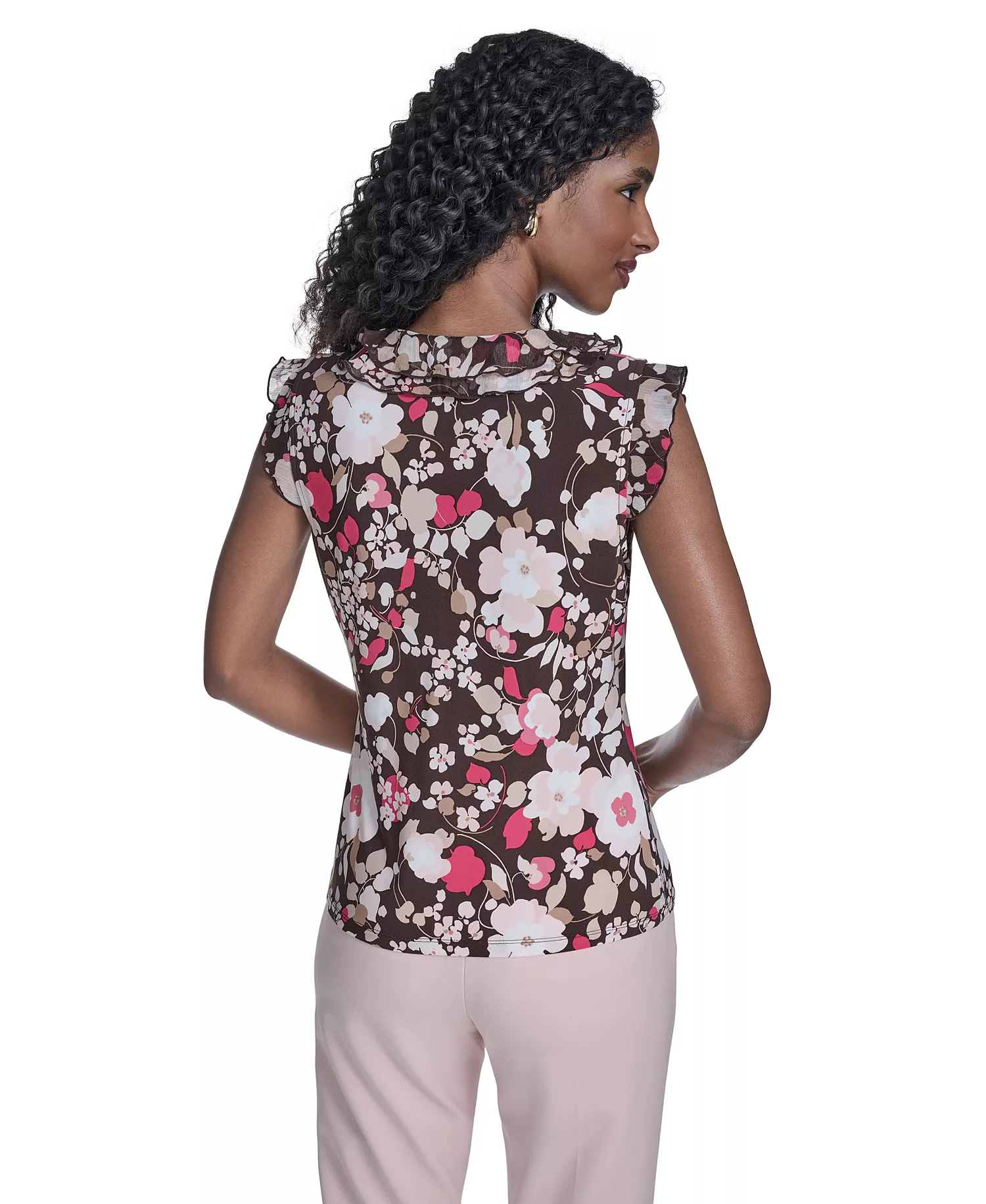 Women's Floral Mixed Media Ruffle Top - Chicory Multi - L