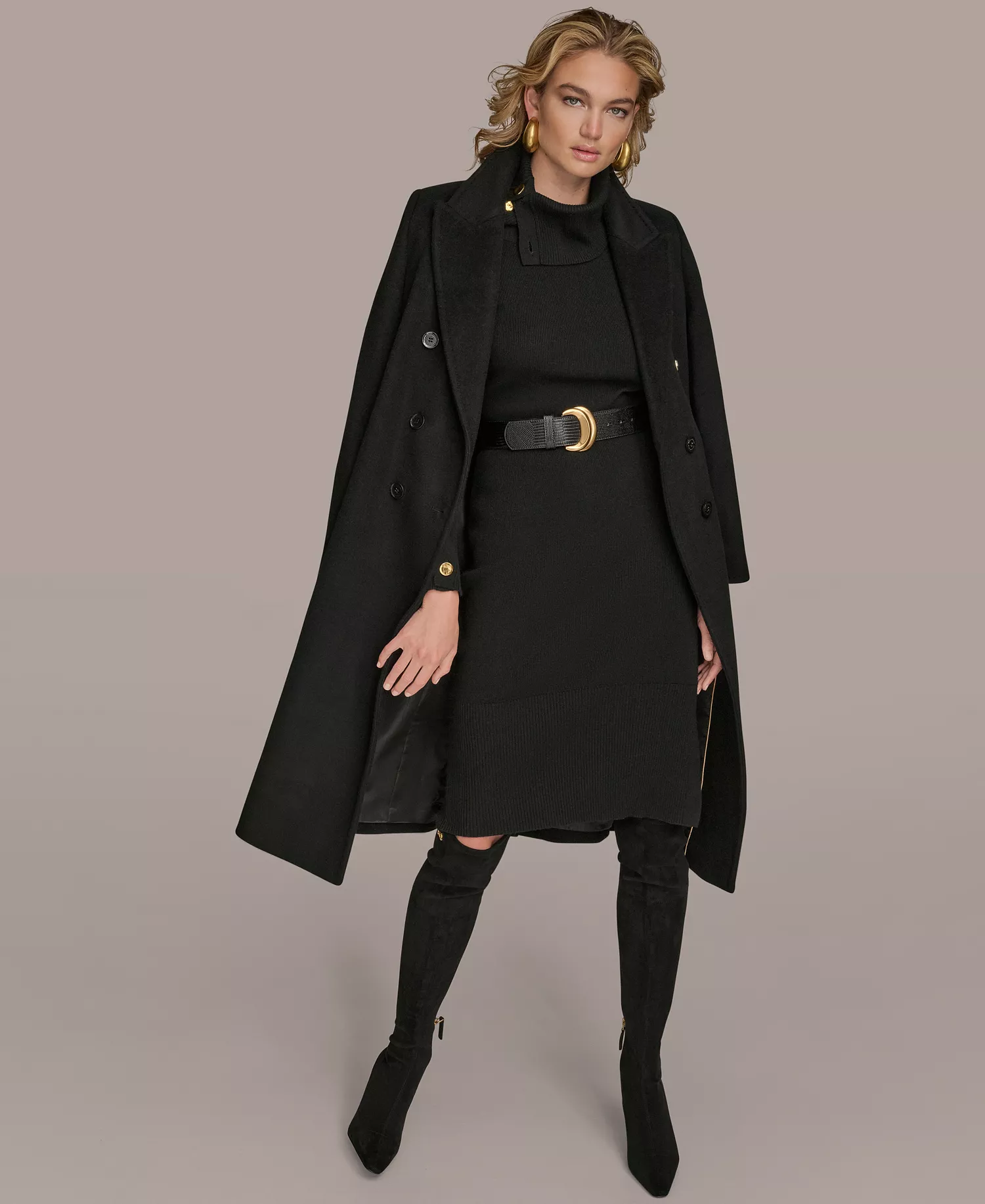 Women's Double-Breasted Reefer Coat - Black - L
