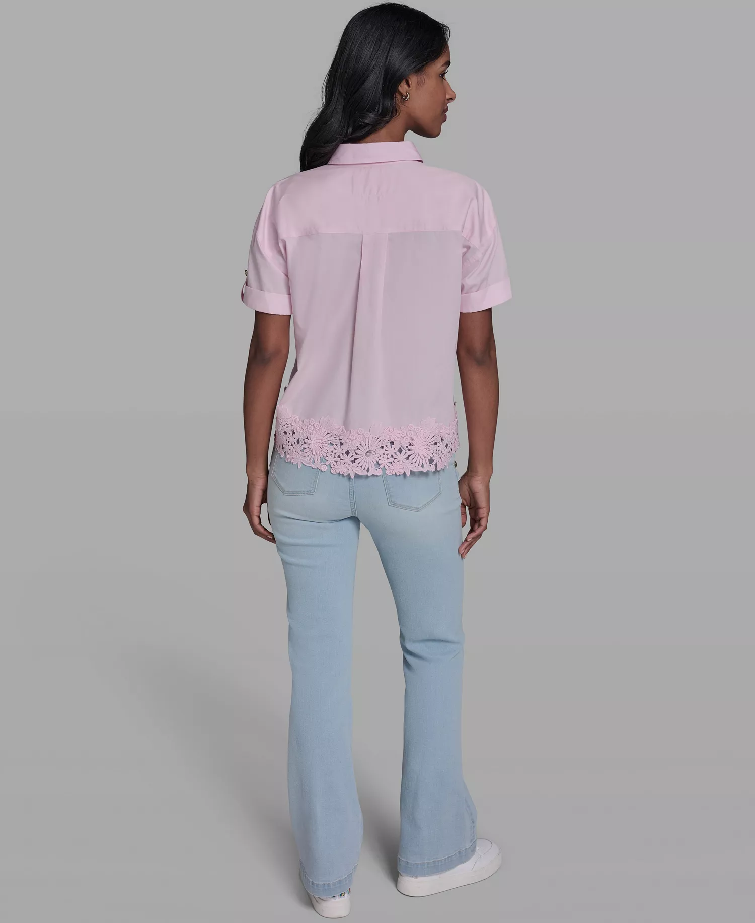 Women's Collared Lace-Trimmed Short-Sleeve Blouse - Ballet Slipper - L