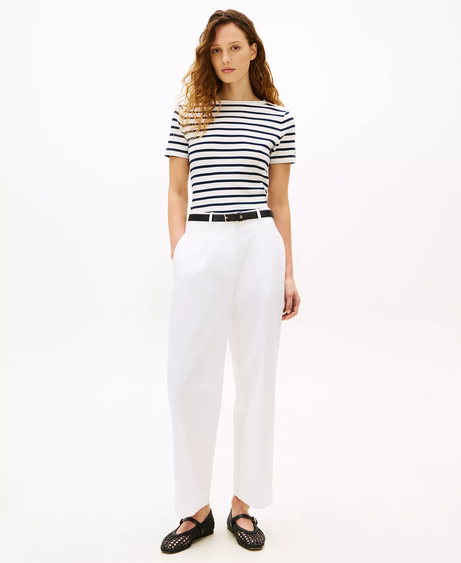Women's Ribbed Boxy Crew Neck T-Shirt - Dark Night Navy / Ecru Stripe - L