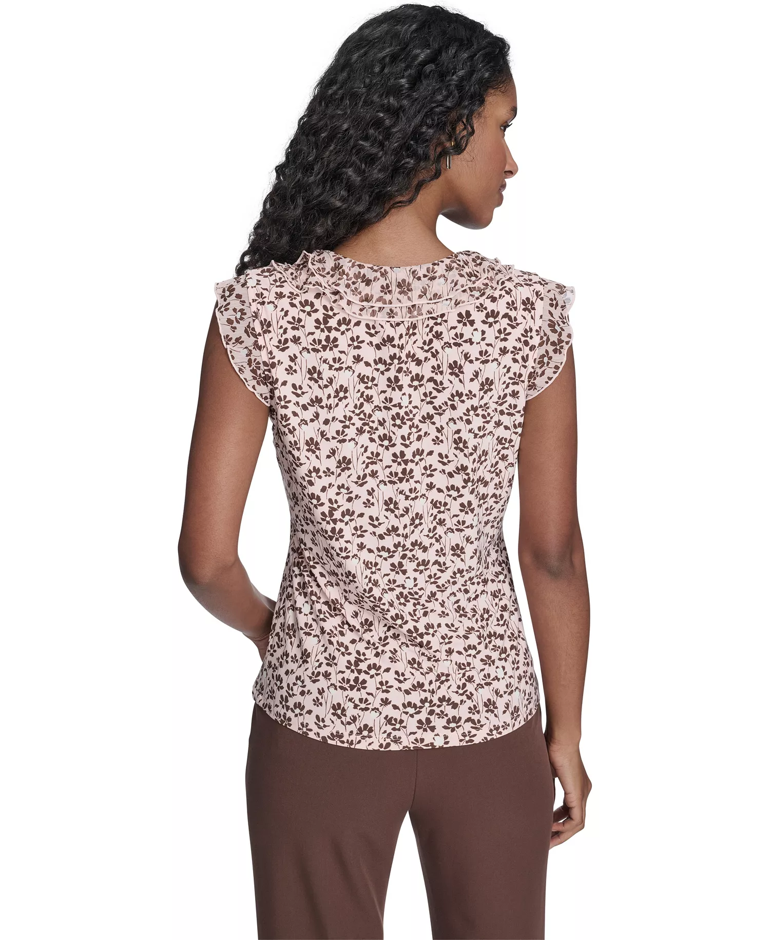 Women's Blossom Floral Mixed Media Ruffle Top - Evening Sand Multi - L