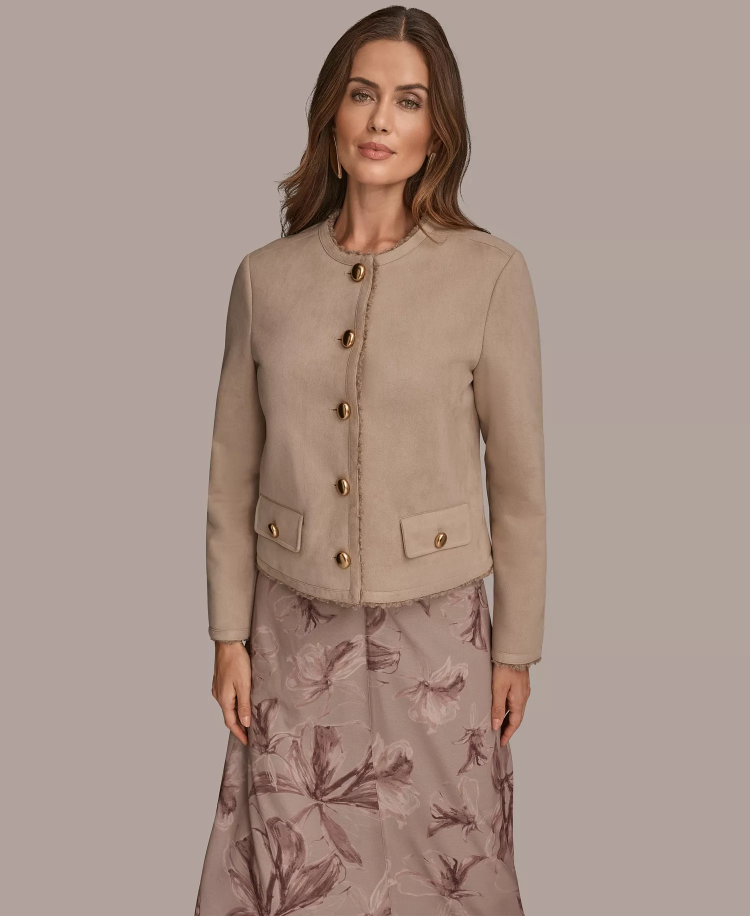 Women's Crewneck Button-Front Boxy Coat - Tan/Beige - L