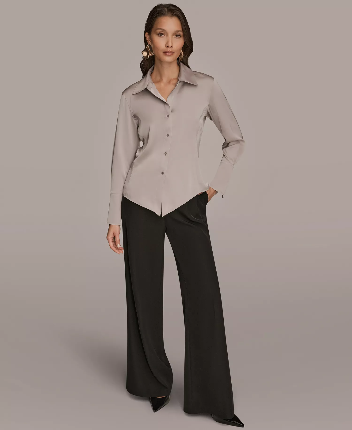 Petite Long-Sleeve Pointy Hem Blouse - Vapor - P/L