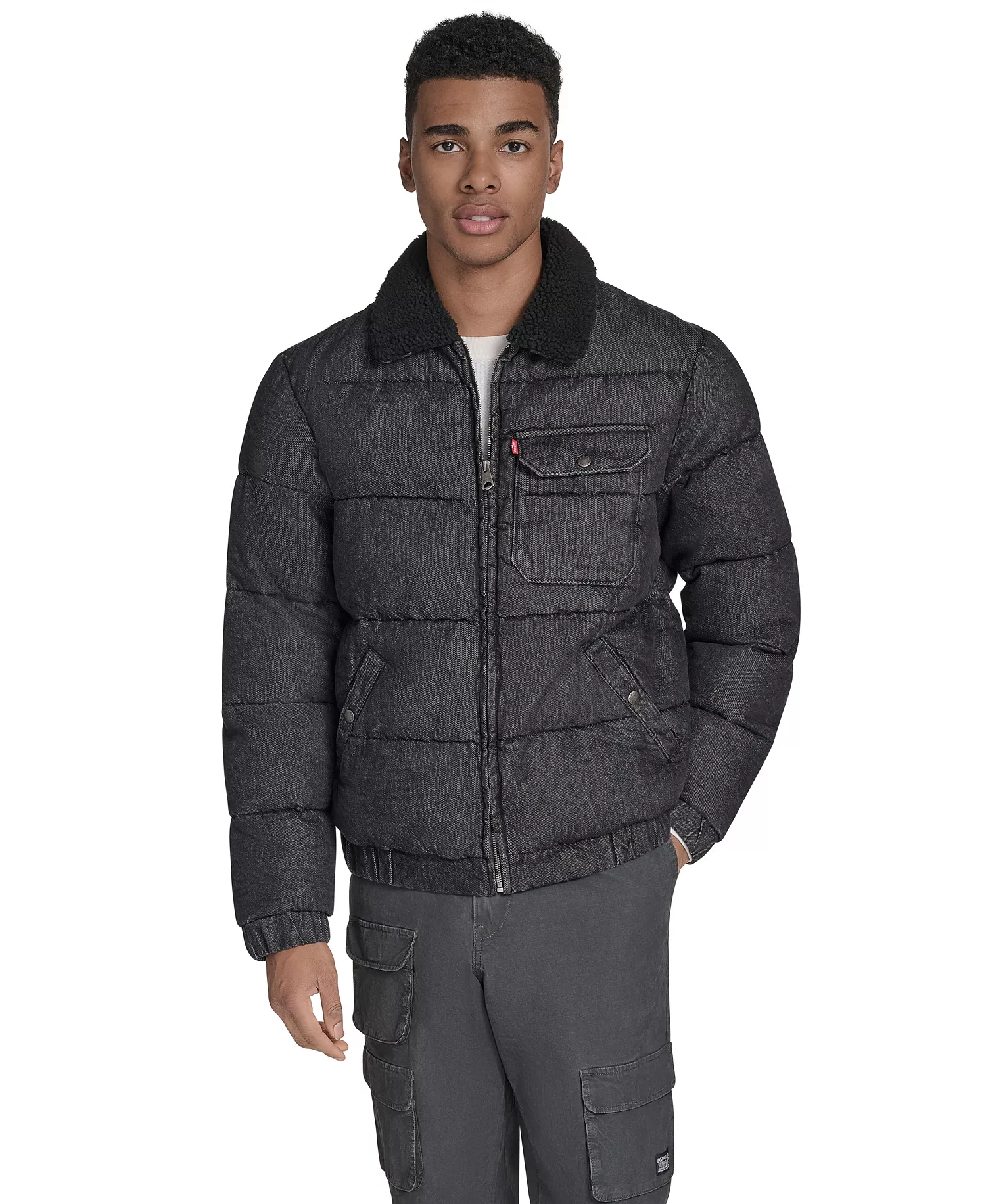 Men's Denim Quilted Sherpa Collar Jacket - Black Denim - 2XL