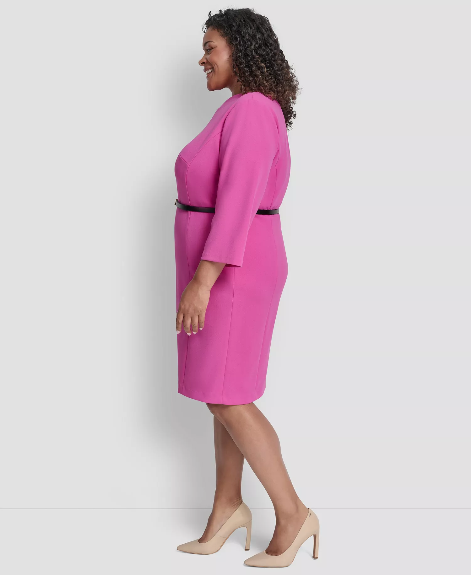Plus Size 3/4-Sleeve Asymmetrical Neck Sheath Dress - Rose Violet - 14W
