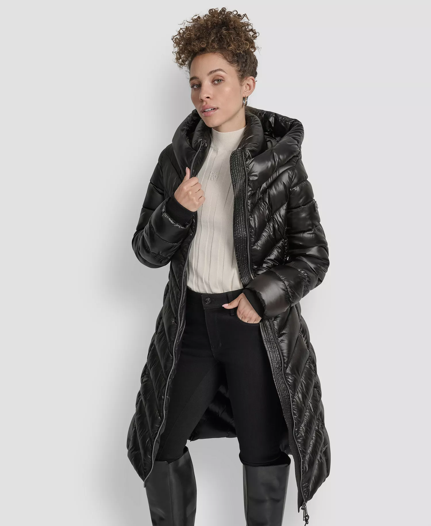 Women's Full-Zip Front Quilted Puffer Coat - Black - L
