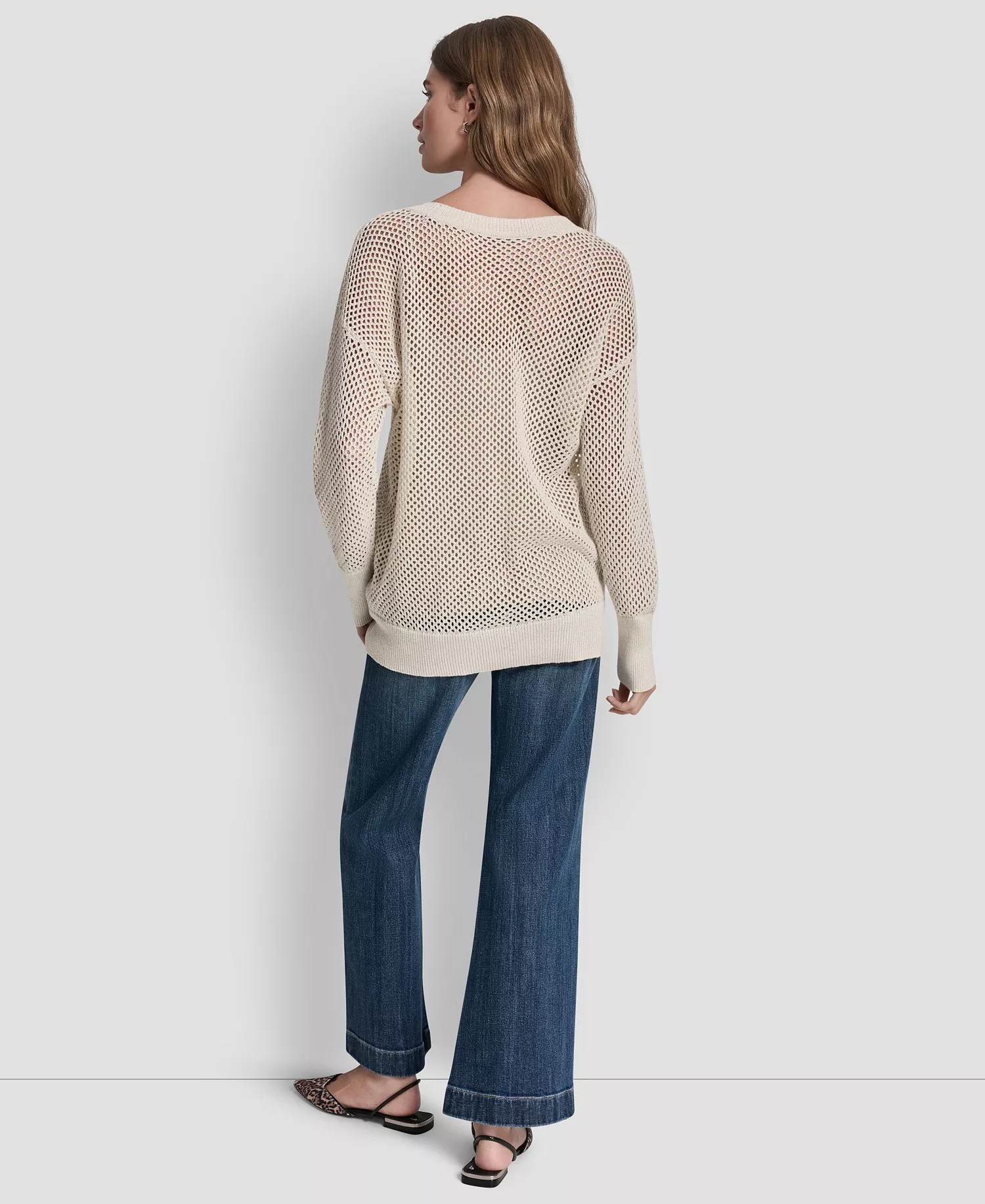 Women's Long-Sleeve V-Neck Open Stitch Lurex Sweater With Logo Charm - Eggnog/Silver - L