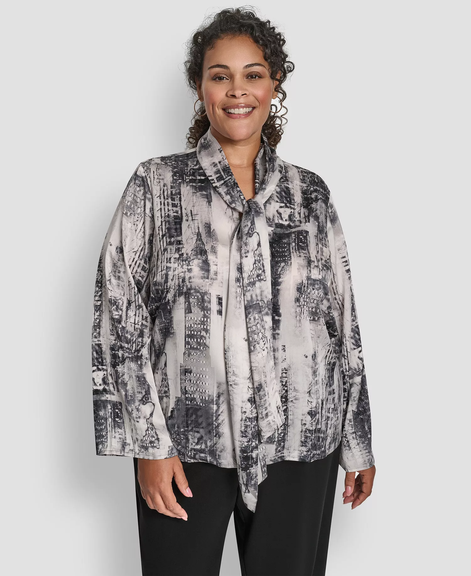 Plus Size V-Neck Long Sleeve Top - Graphite/Stone Gray Multi - 1X