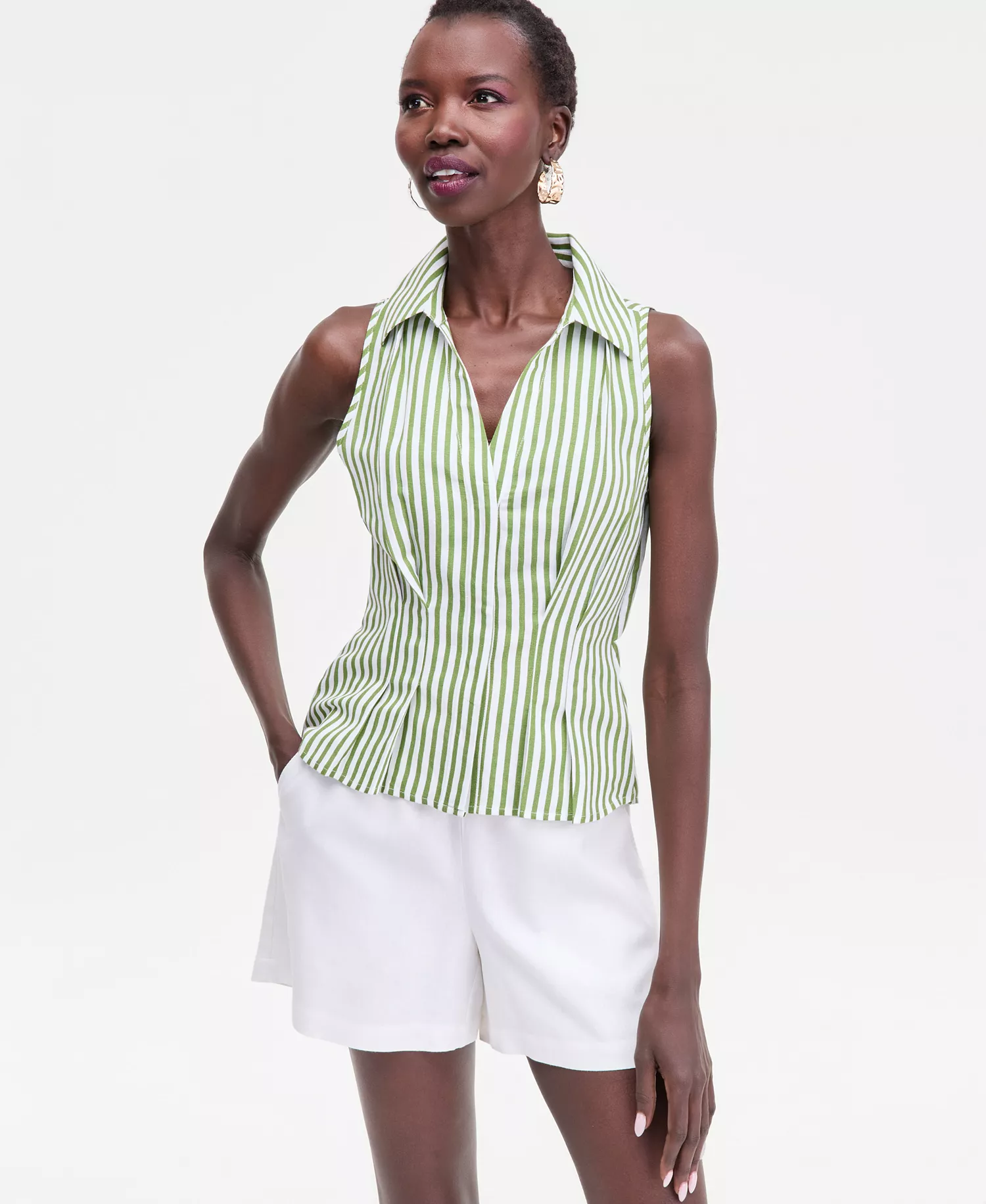 Women's Striped Linen Blend Sleeveless Collared Shirt, Macy's Exclusive  - Lora Green Stripe - L