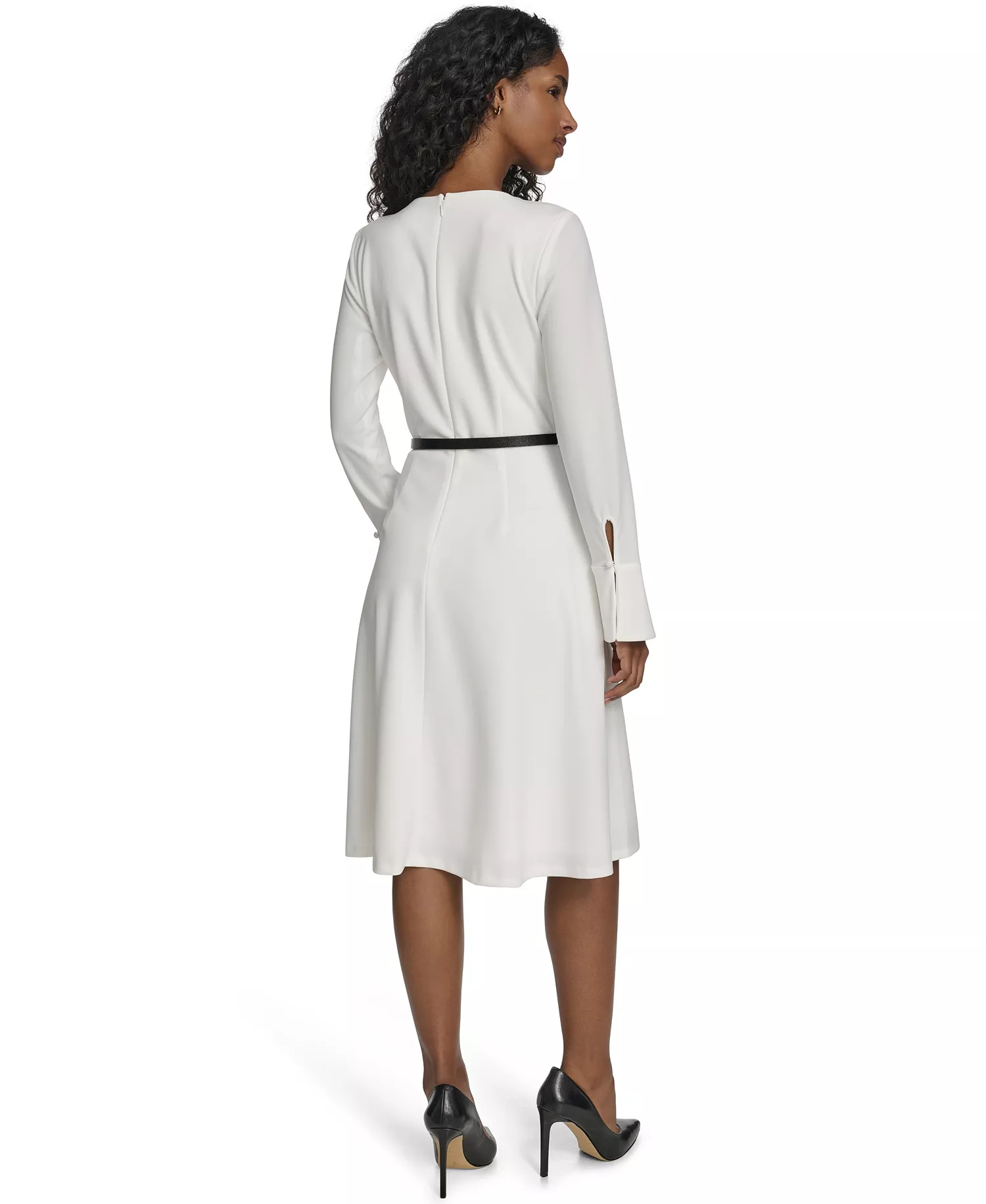 Women's Belted Bell Sleeve Crew Neck Dress - Cream - 10