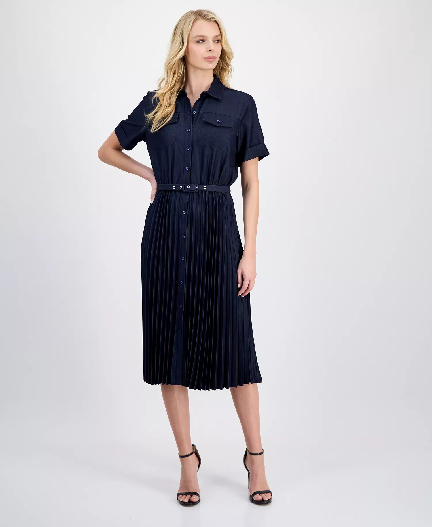 Women's Belted Button-Front Midi Dress - Dark Denim - 10