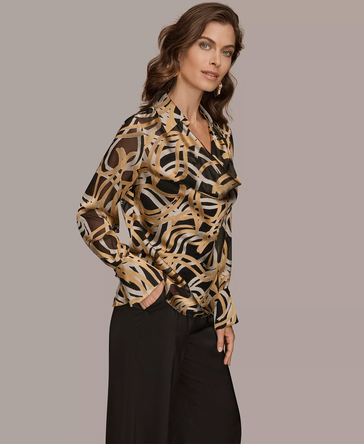 Women's Long Sleeve Burnout Cowl Neck Top, Regular & Petite - Black/gold - L