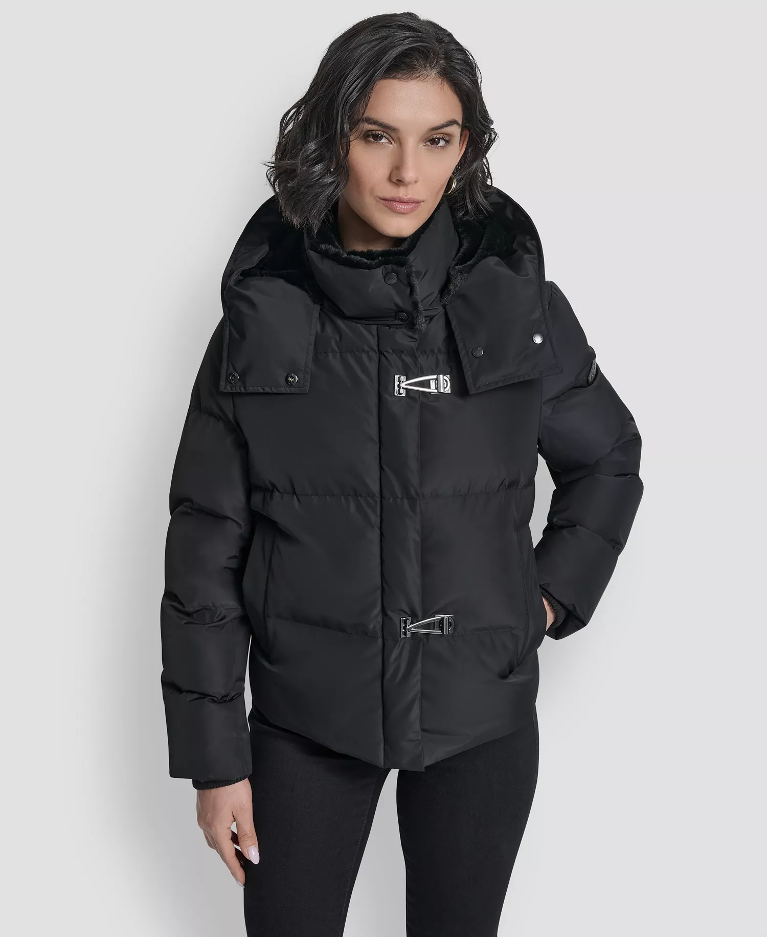 Women's Shirt Toggle Hooded Puffer Coat - Black - L