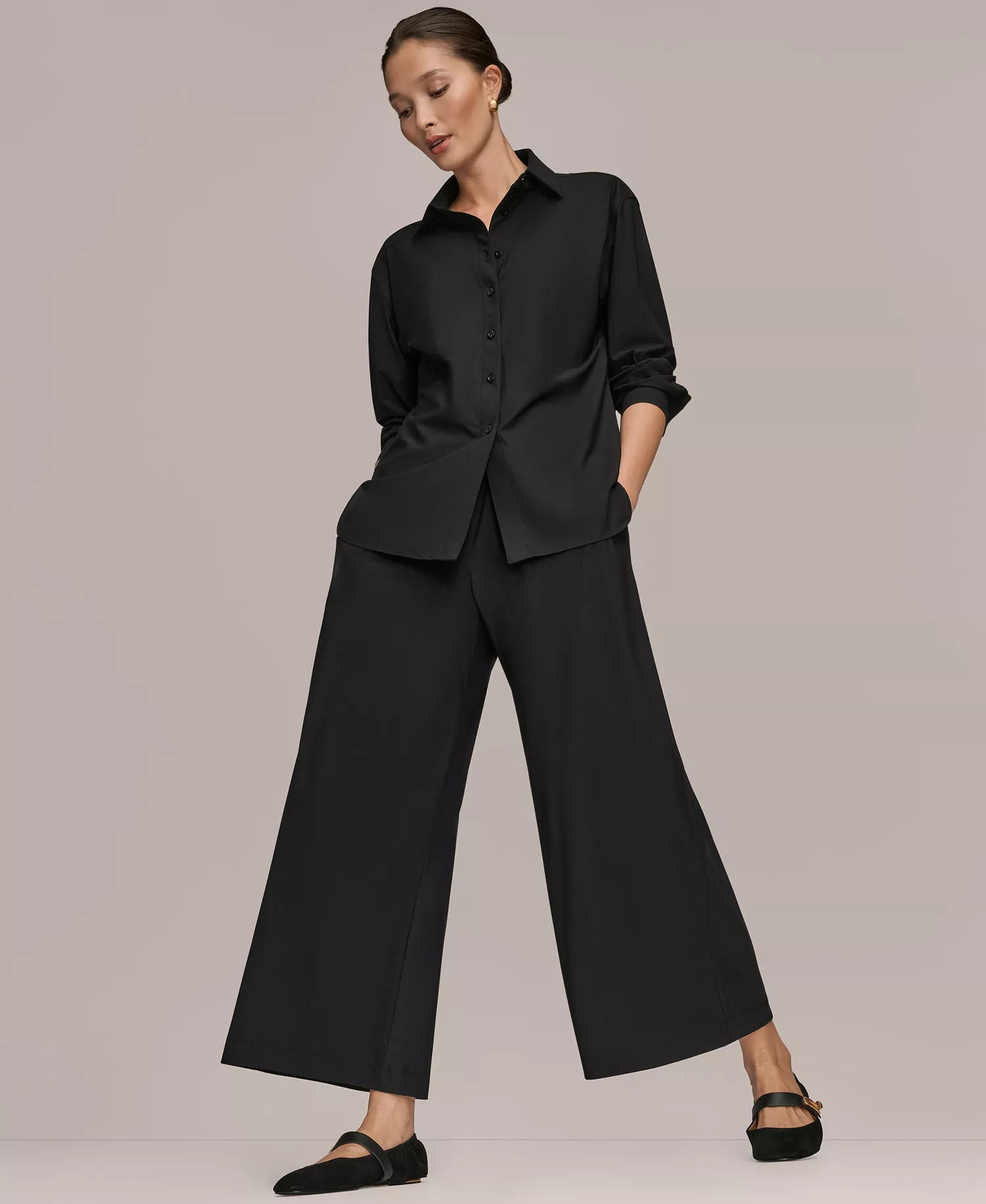 Women's Tricot Knit Long Sleeve Button-Down Shirt - Black - L