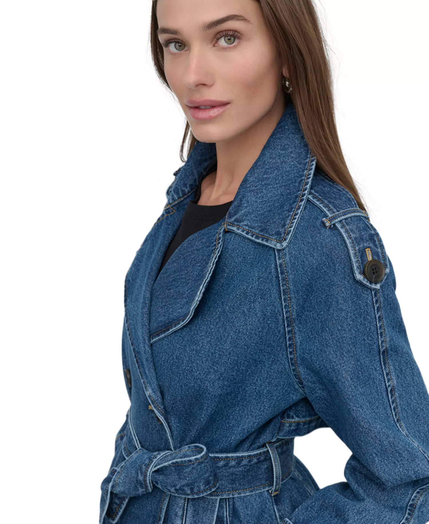 Women's Short Belted Double-Breasted Trench Coat - Washed Denim - L