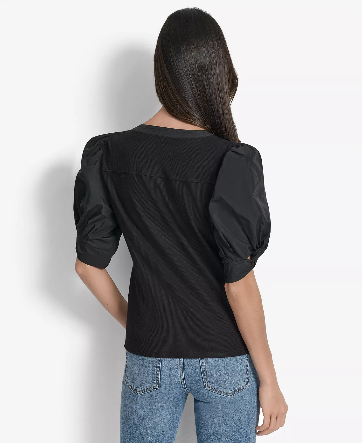 Women's Mixed-Media Taffeta Puff-Sleeve Top - Black - XL