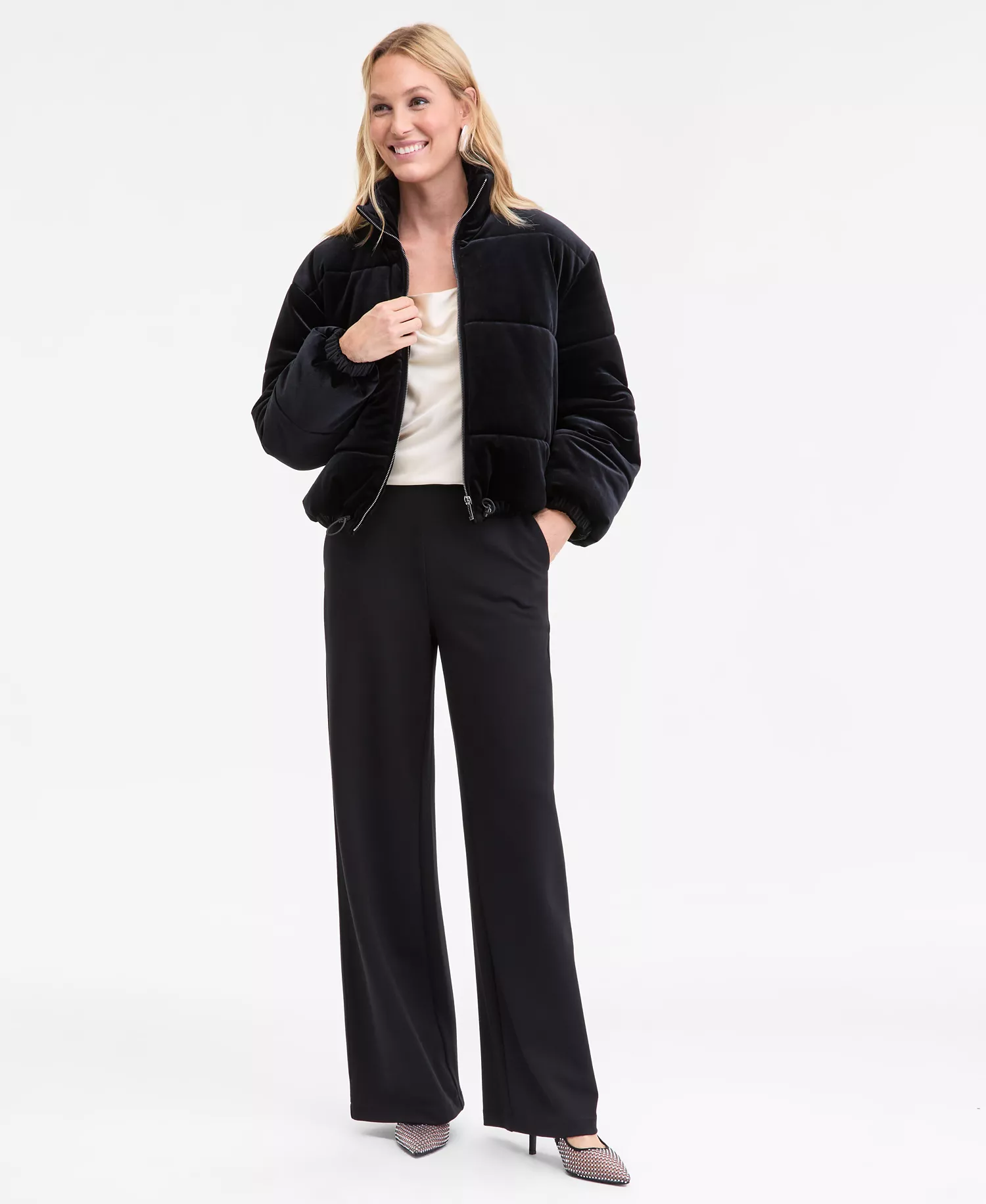 Women's Cropped Velvet Puffer Jacket, Macy's Exclusive - Deep Black - XL