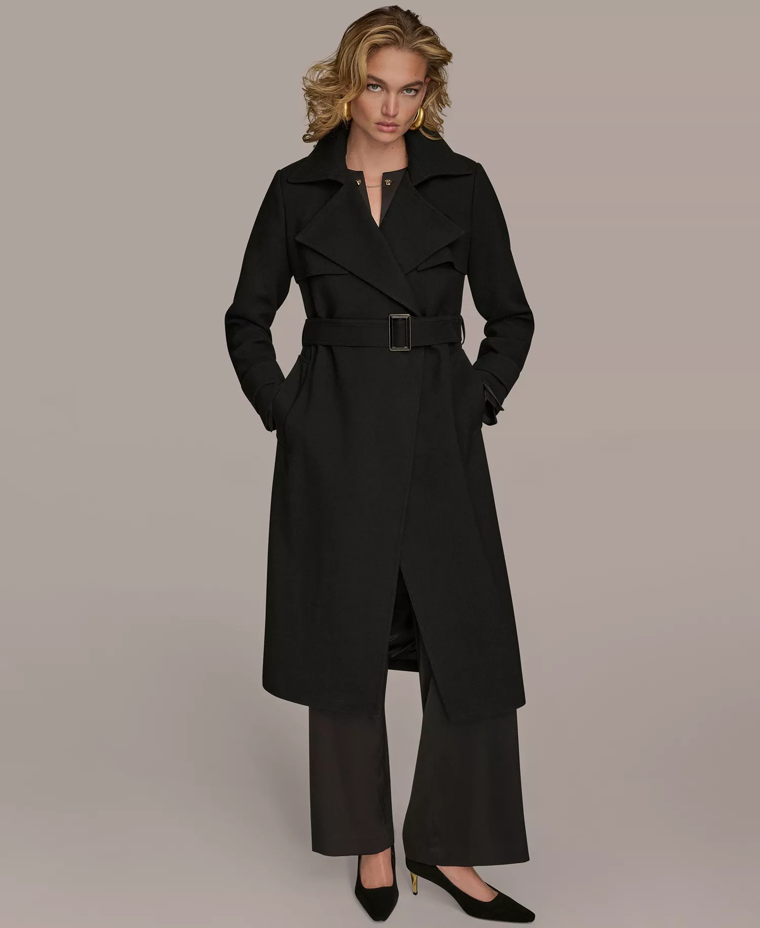 Women's Belted Notched-Collar Trench Coat - Black - L