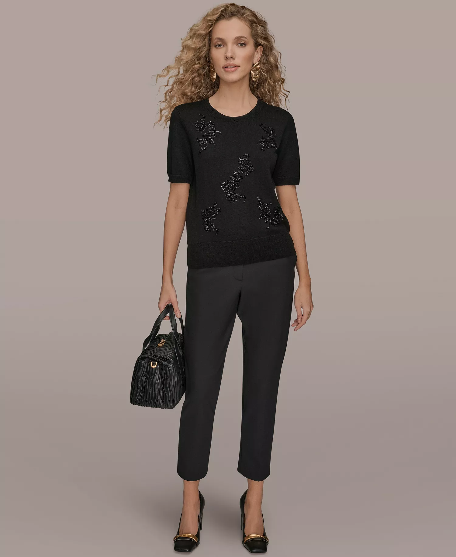 Women's Beaded Crewneck Sweater - Black - L