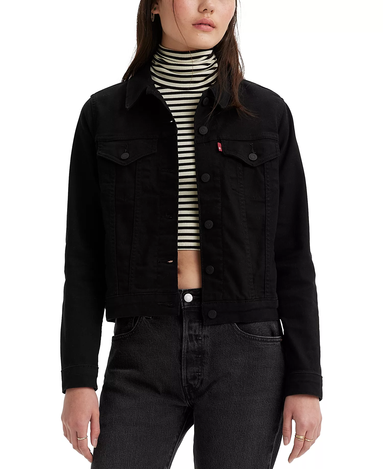 Women's Original Cotton Denim Trucker Jacket - Black And Black - 1X