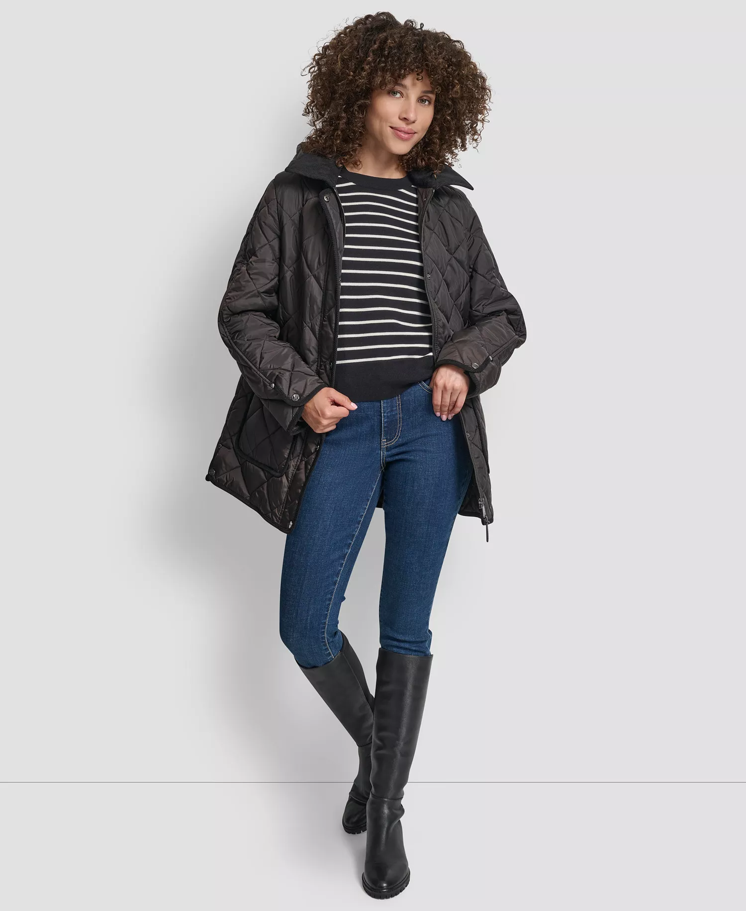 Women's Corduroy Collar Hooded Quilted Coat - Bitter - L