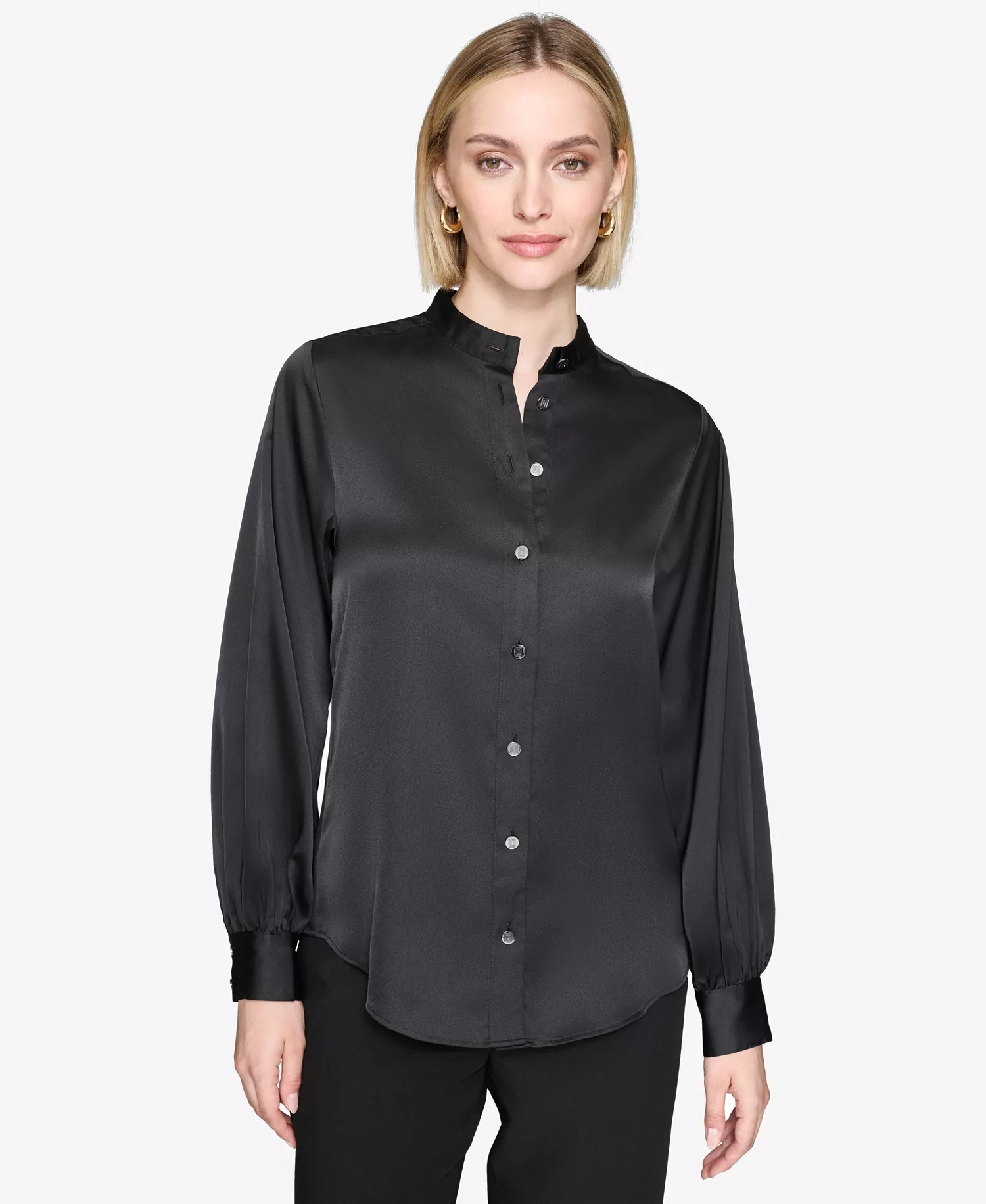 Women's Band-Collar Blouse - Black - L