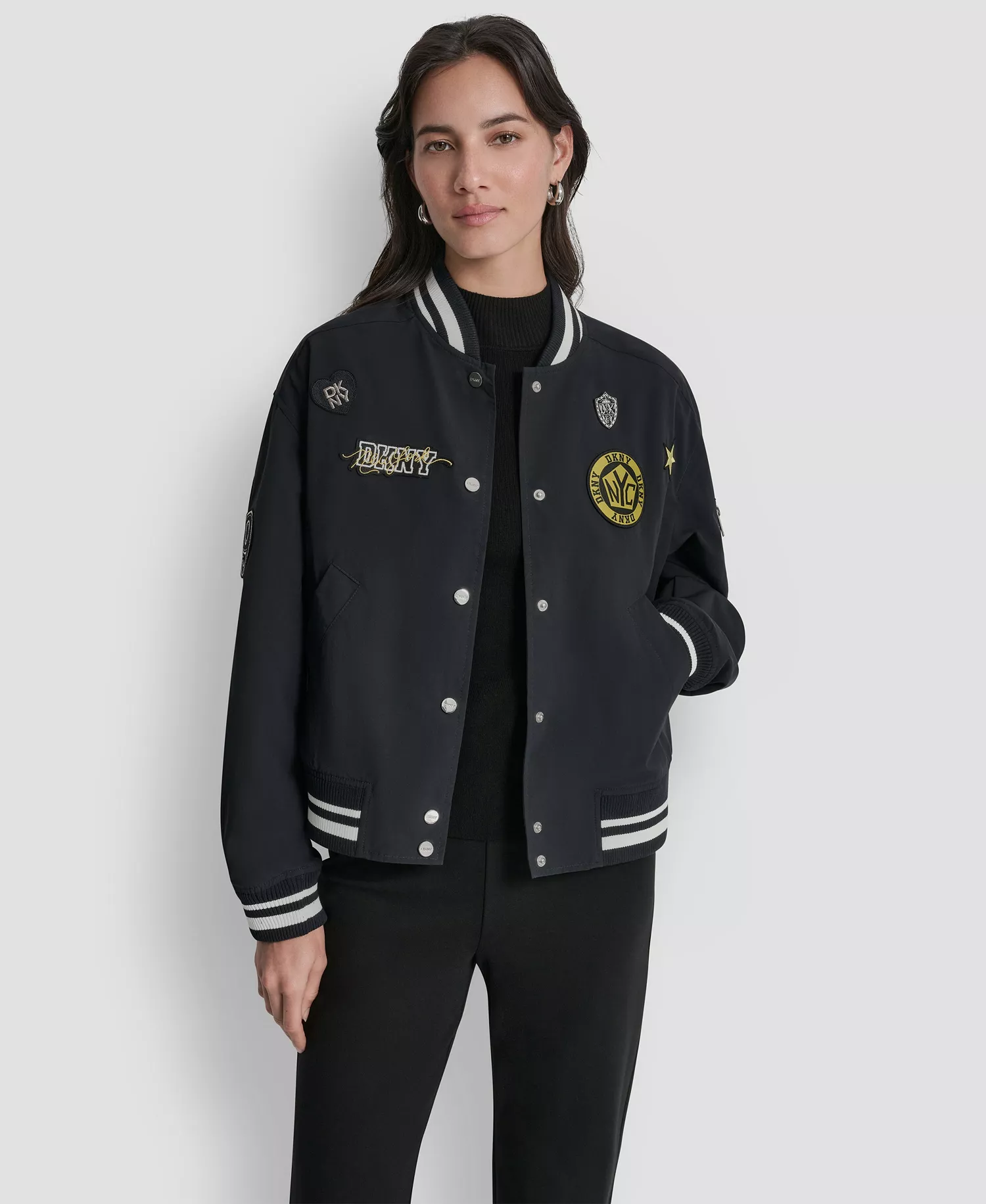 Women's 1989 Pins & Patches Snap-Front Varsity Jacket - Black - L