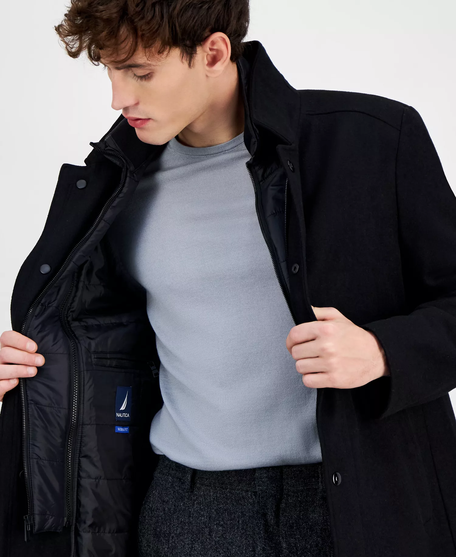 Men's Classic-Fit Bib Wool Blend Overcoat - Black - 36R