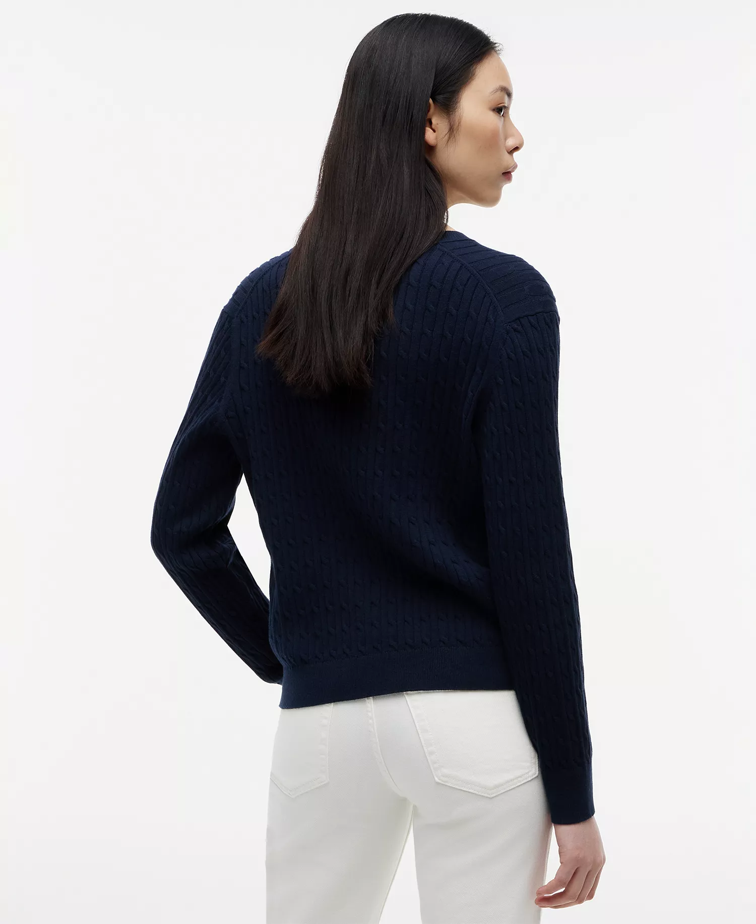 Women's Cable Knit Crew Neck Cardigan Sweater - Dark Night Navy - L