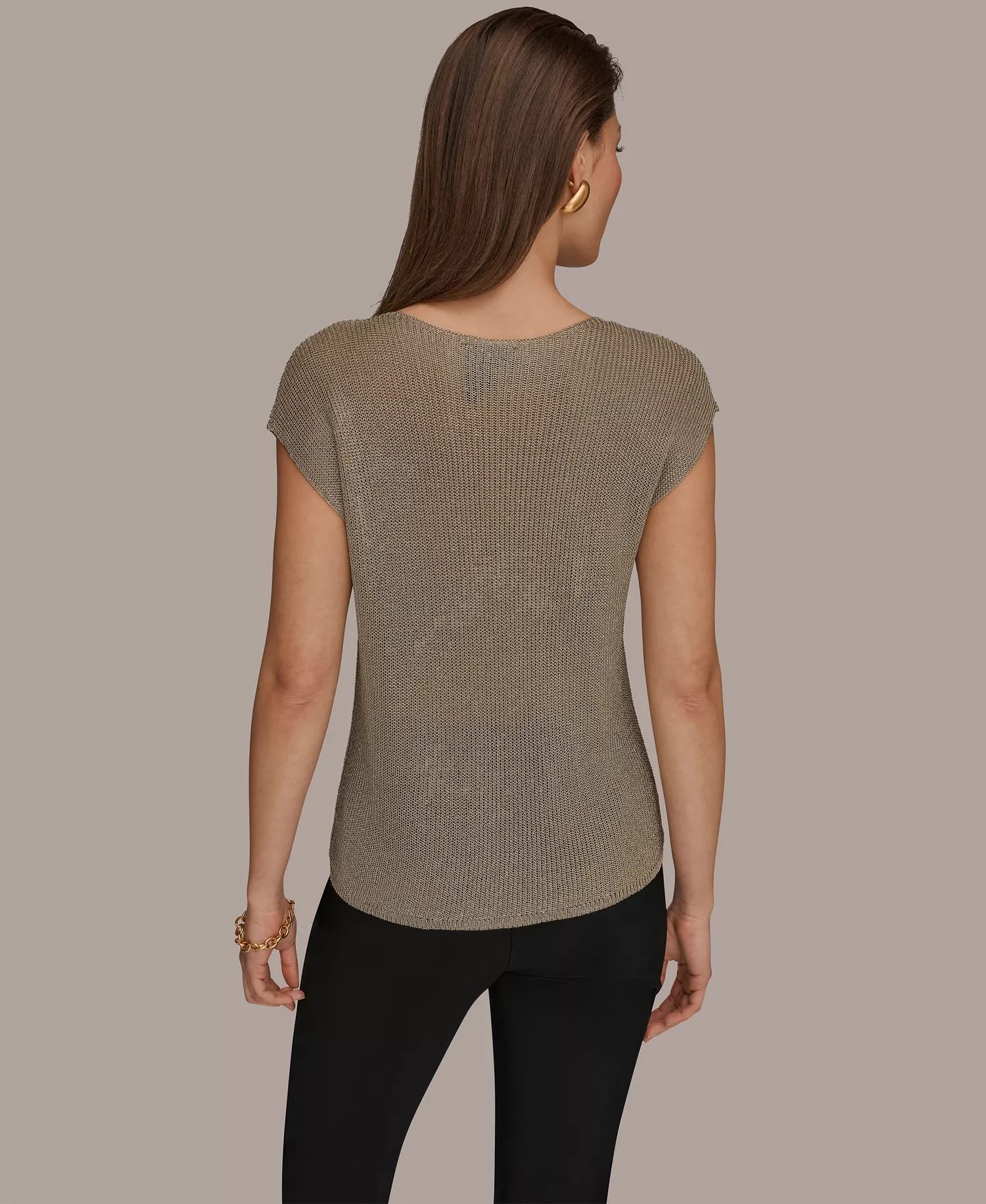Women's Sleeveless Metallic Crew Neck Sweater - Tan/Beige - L