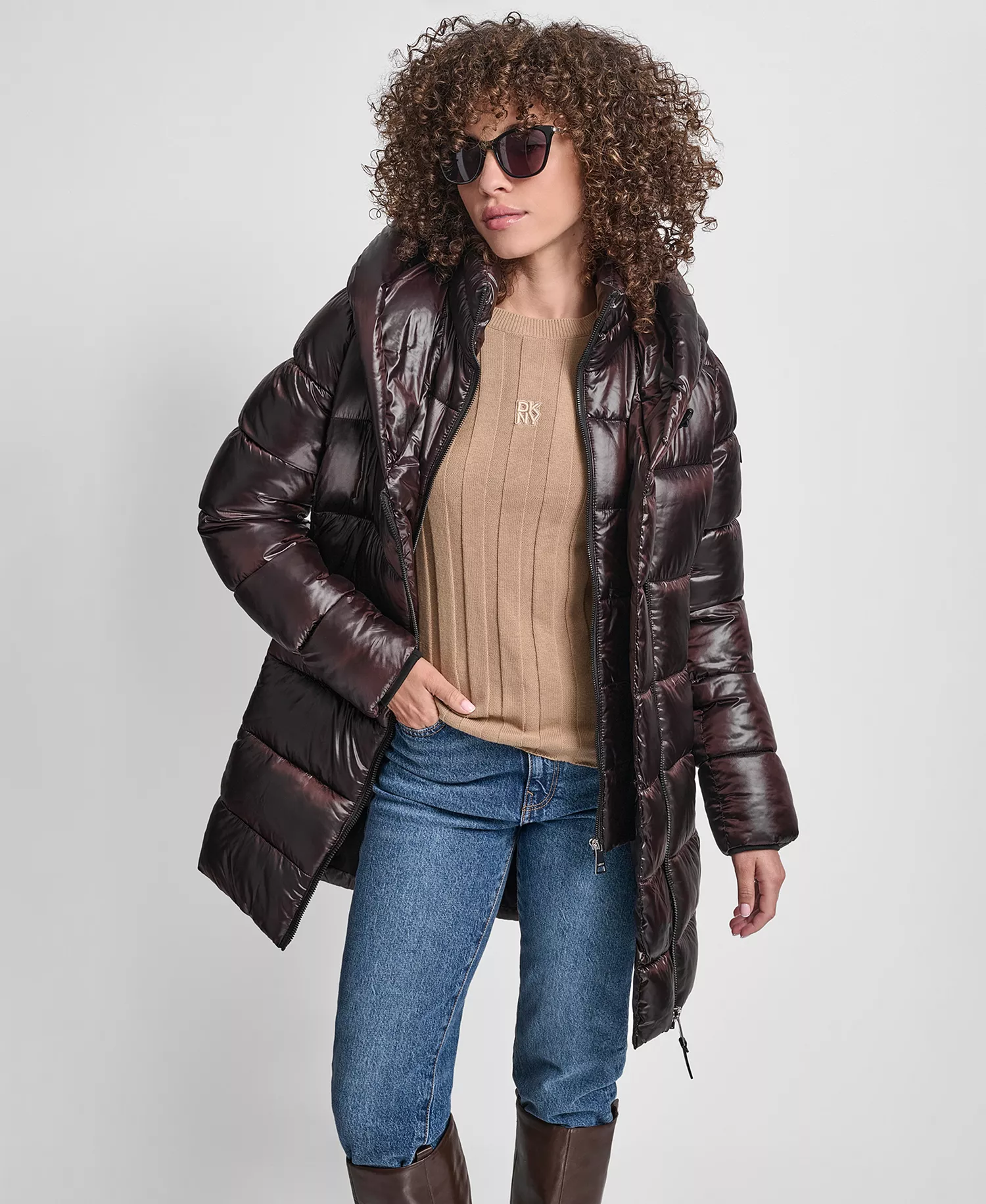 Women's Bibbed Shawl-Collar Packable Shine Puffer Coat - Bitter - L