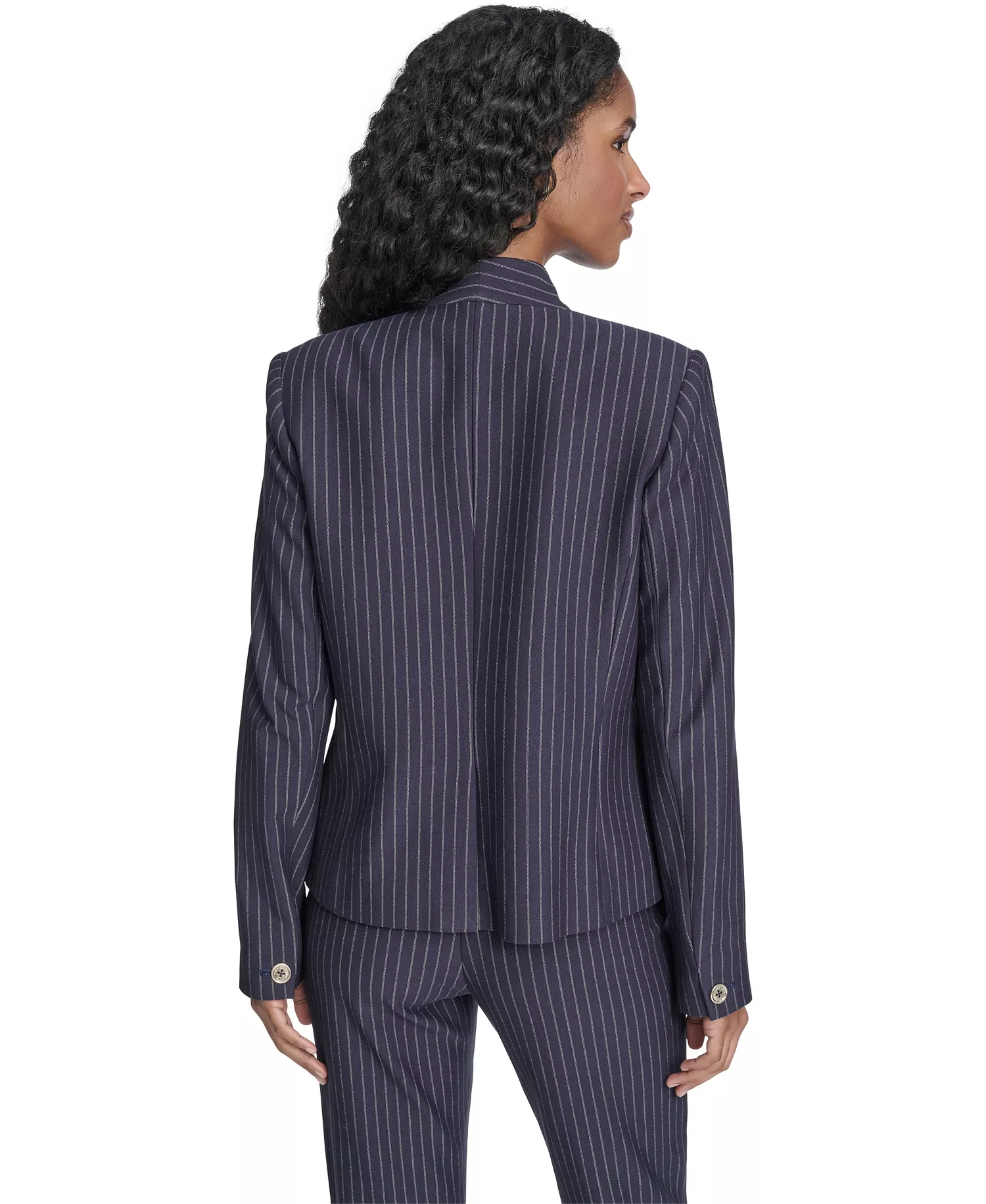 Women's Open Front Jacket, Sutton Pants and Contrast Trim Button Up Blouse - Midnight/ Khaki - 0
