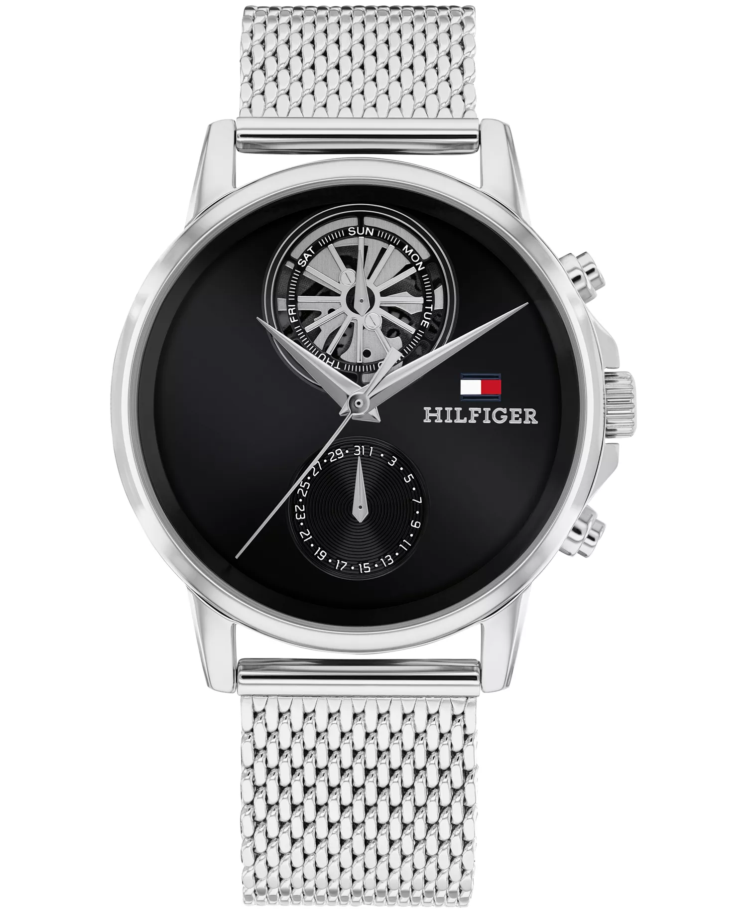 Men's Multifunction Silver Tone Stainless Steel Mesh Bracelet Watch, 40mm - Black - No Size