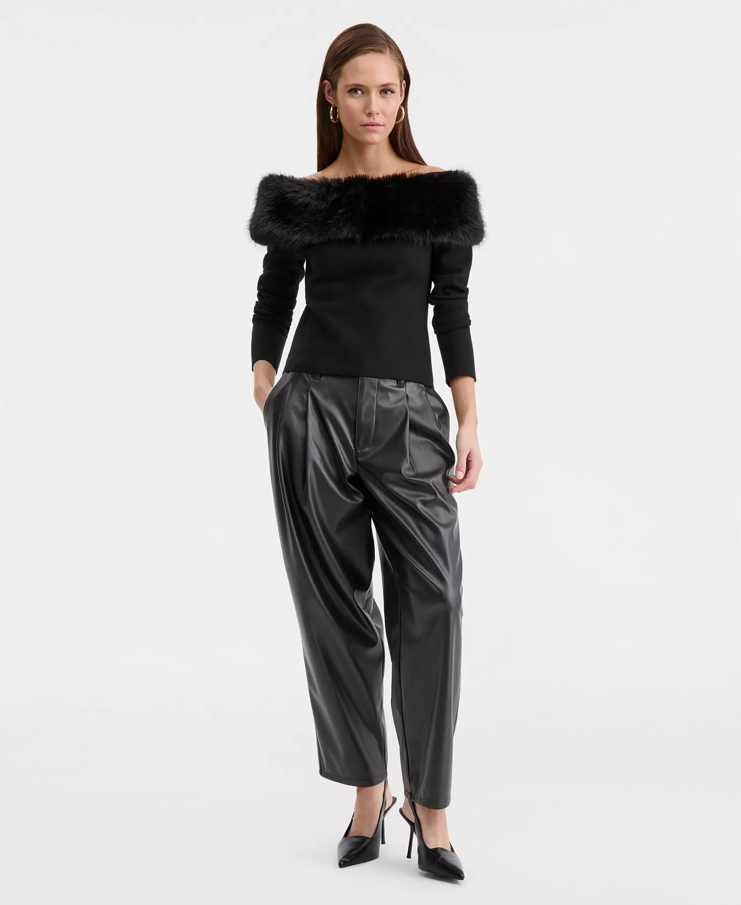 Women's Off-The-Shoulder Faux-Fur-Trim Top, Macy's Exclusive - Deep Black - L