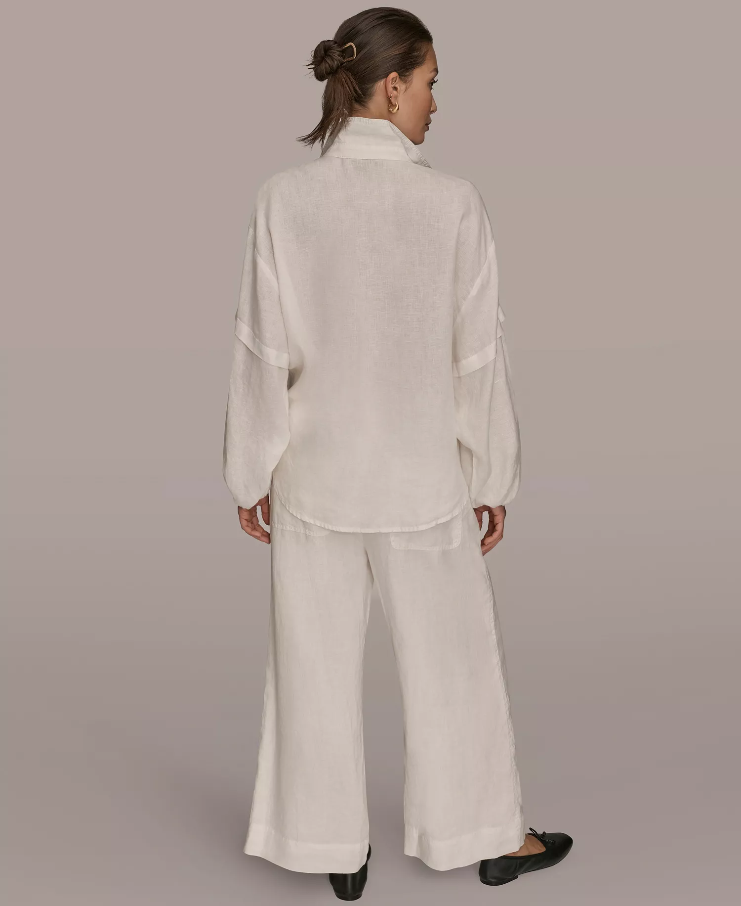 Women's Linen Long Blouson Sleeve Button Adjustable Tie Shirt - Cream - L