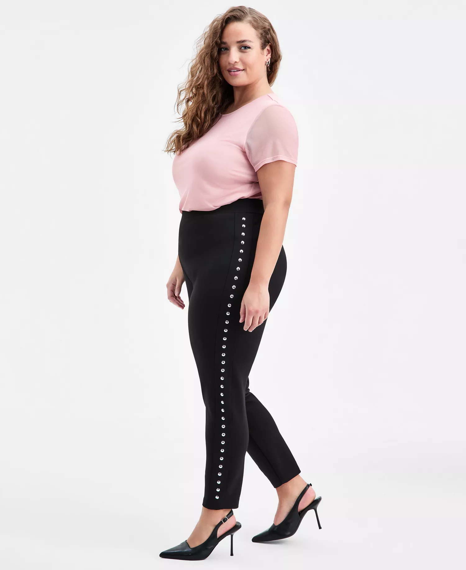 Trendy Plus Size Studded Pull-On Bodycon Leggings - Black - 0X