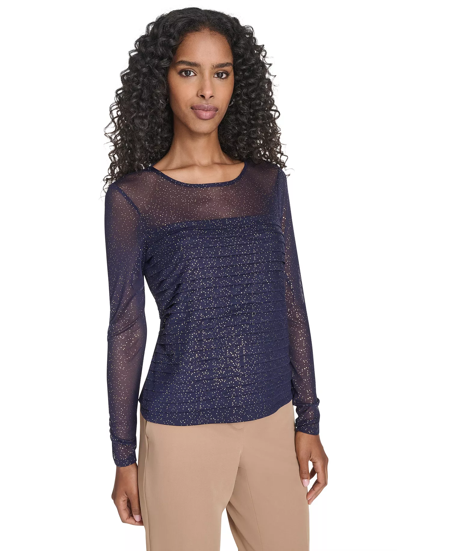 Women's Crew Neck Pleated Lurex Dot Top - Navy/ Gold - L