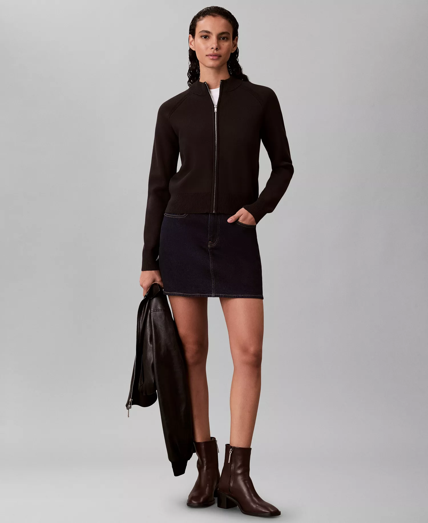 Women's Technical Long Sleeve Mock Neck Cardigan Sweater - Black - M